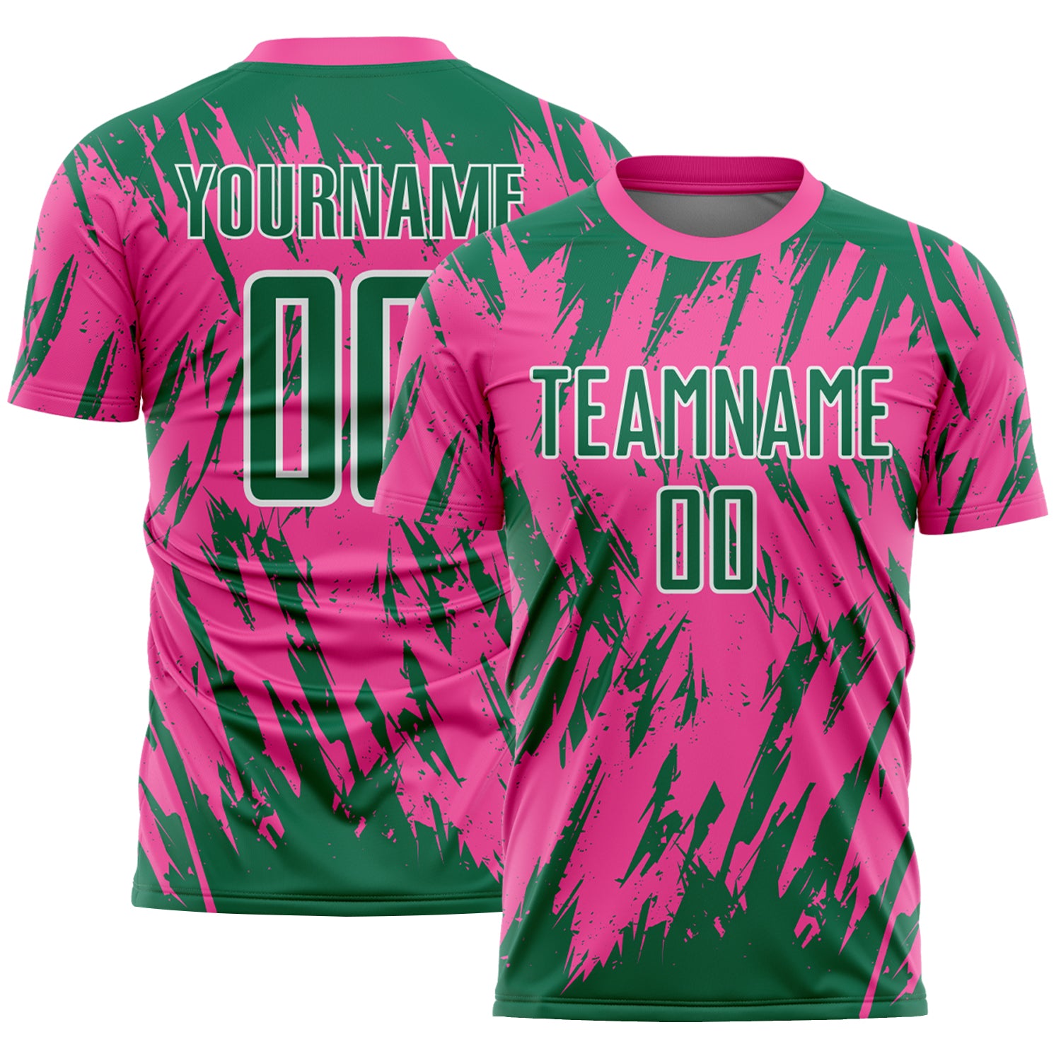 Custom Pink Kelly Green-White Splatter Torn Sharp Brush Stroke Sublimation Soccer Uniform Jersey