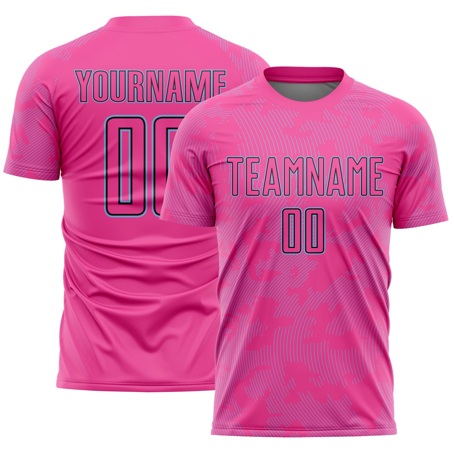 Custom Pink Light Blue-Black Curve Lines Sublimation Soccer Uniform Jersey