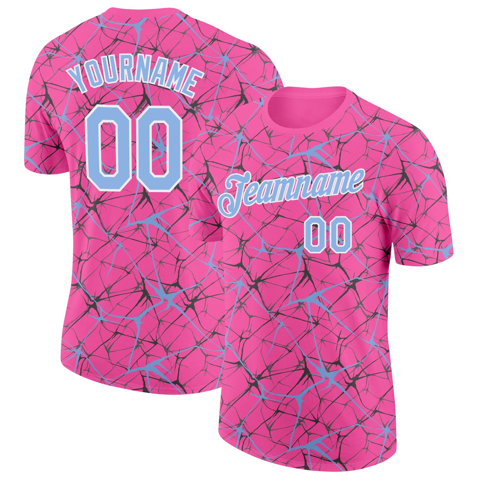 Custom Pink Light Blue Gray-White Abstract Network Crackle Performance T-Shirt