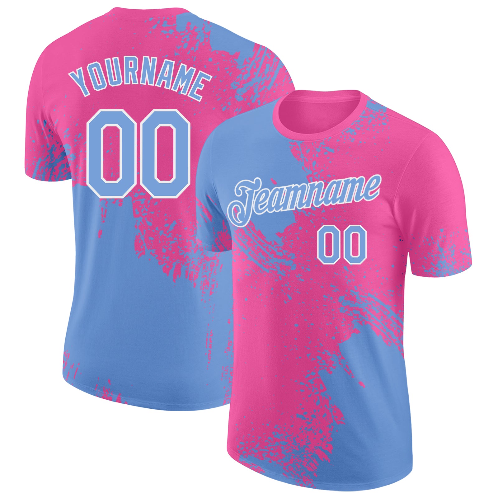 Custom Pink Light Blue-White Abstract Brush Stroke Performance T-Shirt