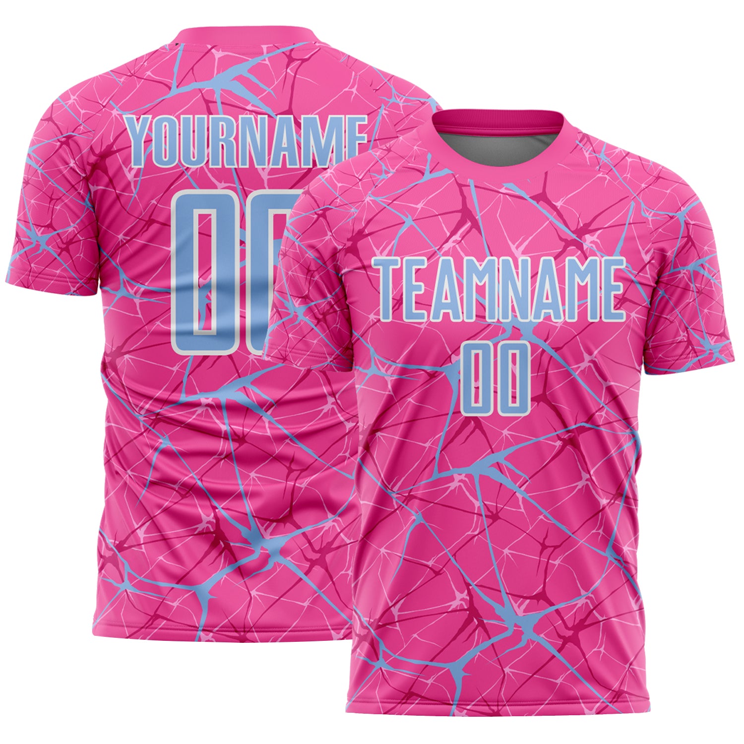 Custom Pink Light Blue-White Abstract Network Crackle Sublimation Soccer Uniform Jersey
