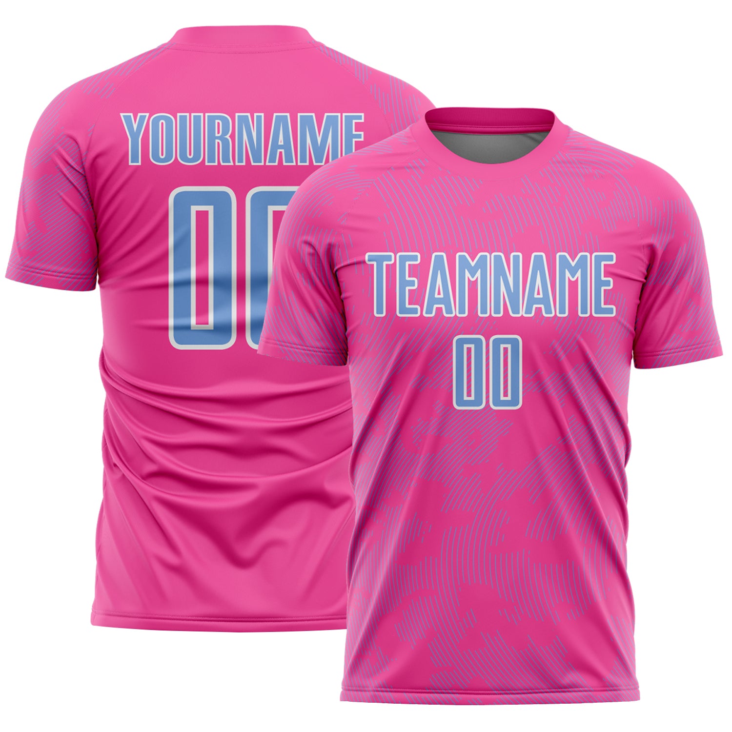 Custom Pink Light Blue-White Curve Lines Sublimation Soccer Uniform Jersey