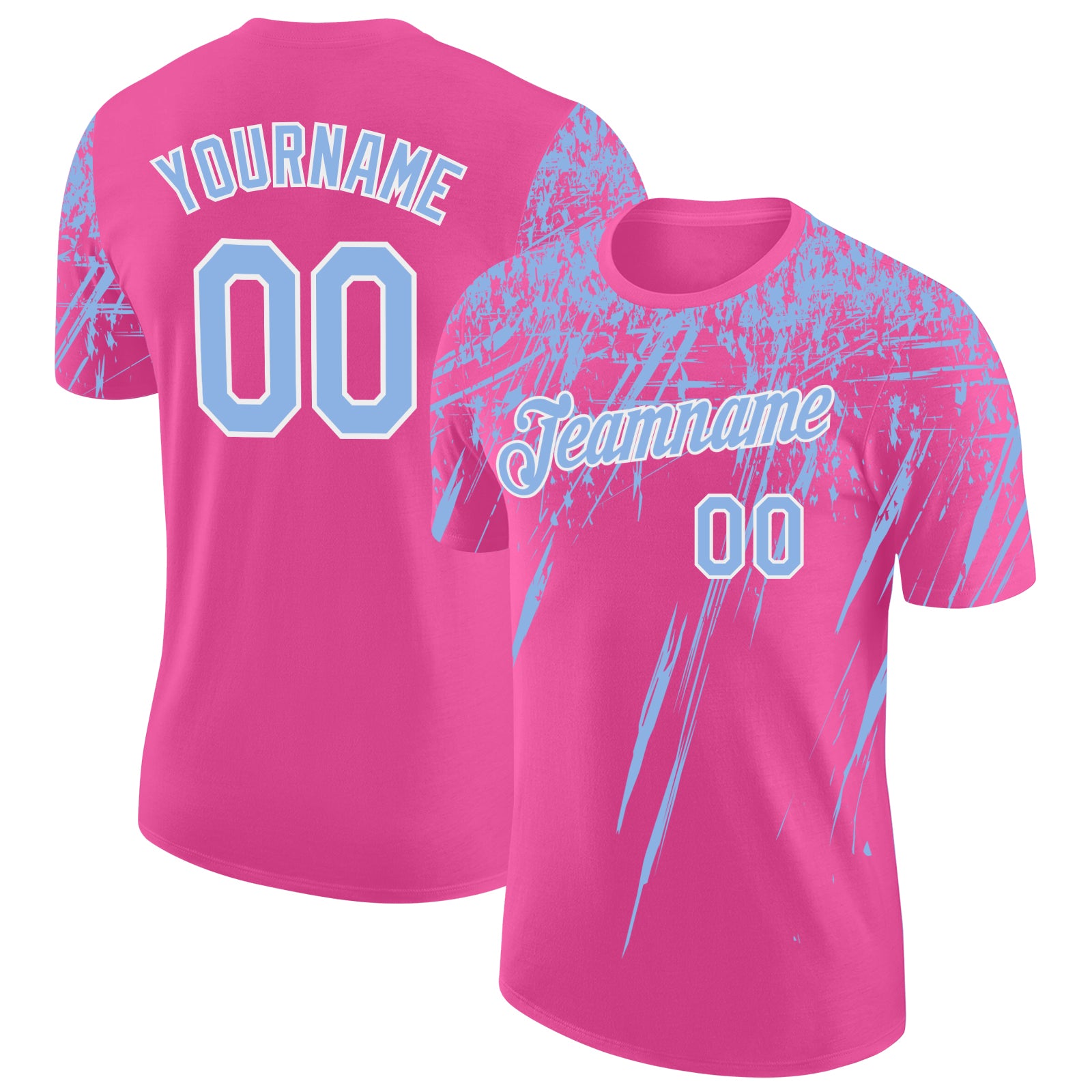 Custom Pink Light Blue-White Distressed Scratch Brush Stroke Performance T-Shirt