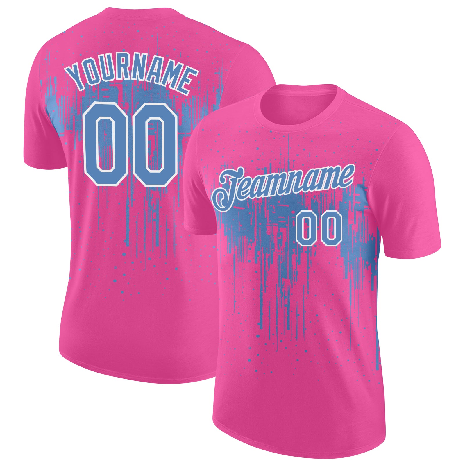 Custom Pink Light Blue-White Dripping Splatter Paint Performance T-Shirt