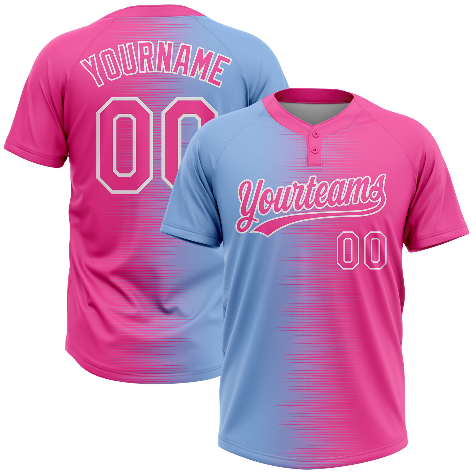 Custom Pink Light Blue-White Gradient Horizontal Stripe Two-Button Unisex Softball Jersey