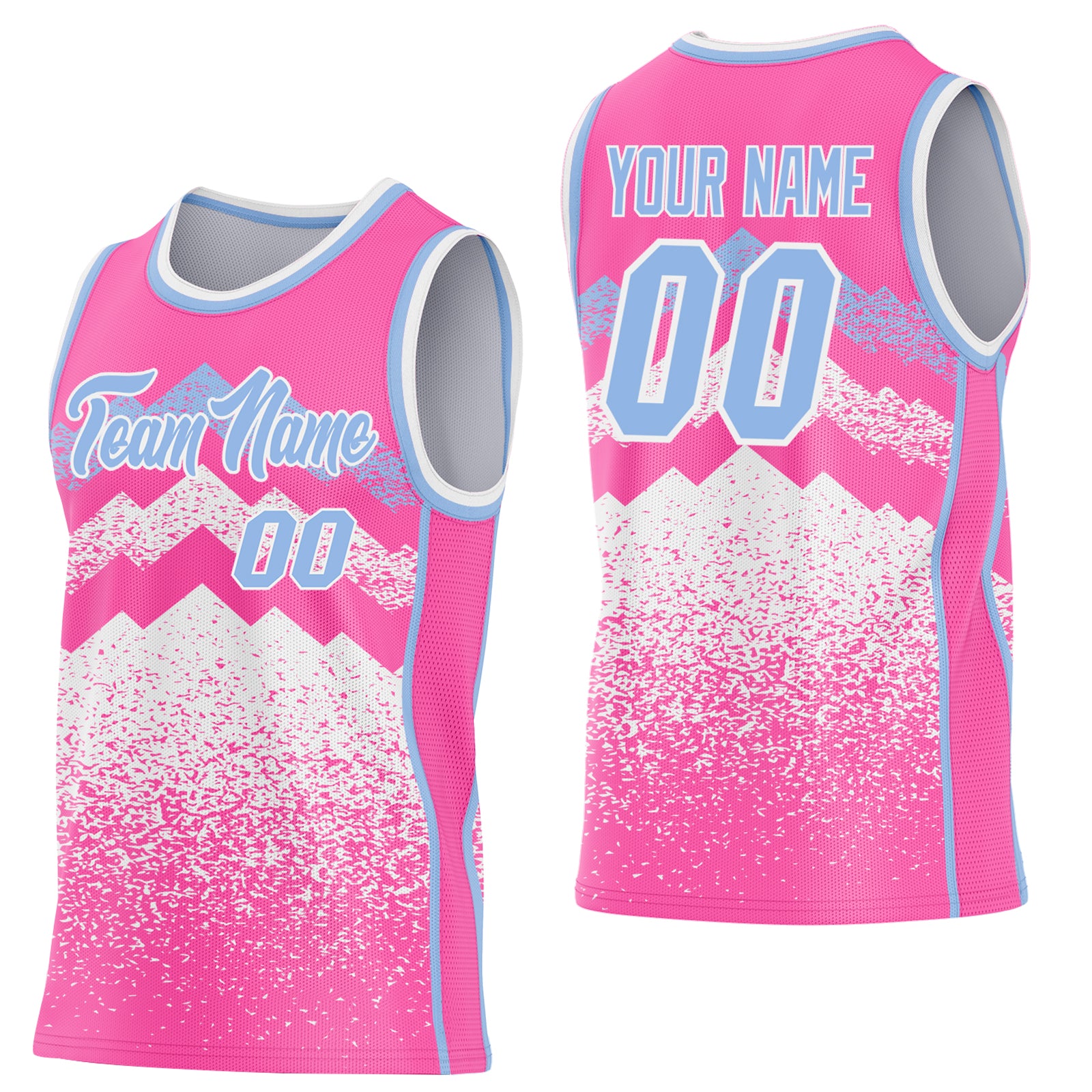 Custom Pink Light Blue-White Mountain Peak Shards Side Panel Stripe Round Neck Sublimation Basketball Set Jersey