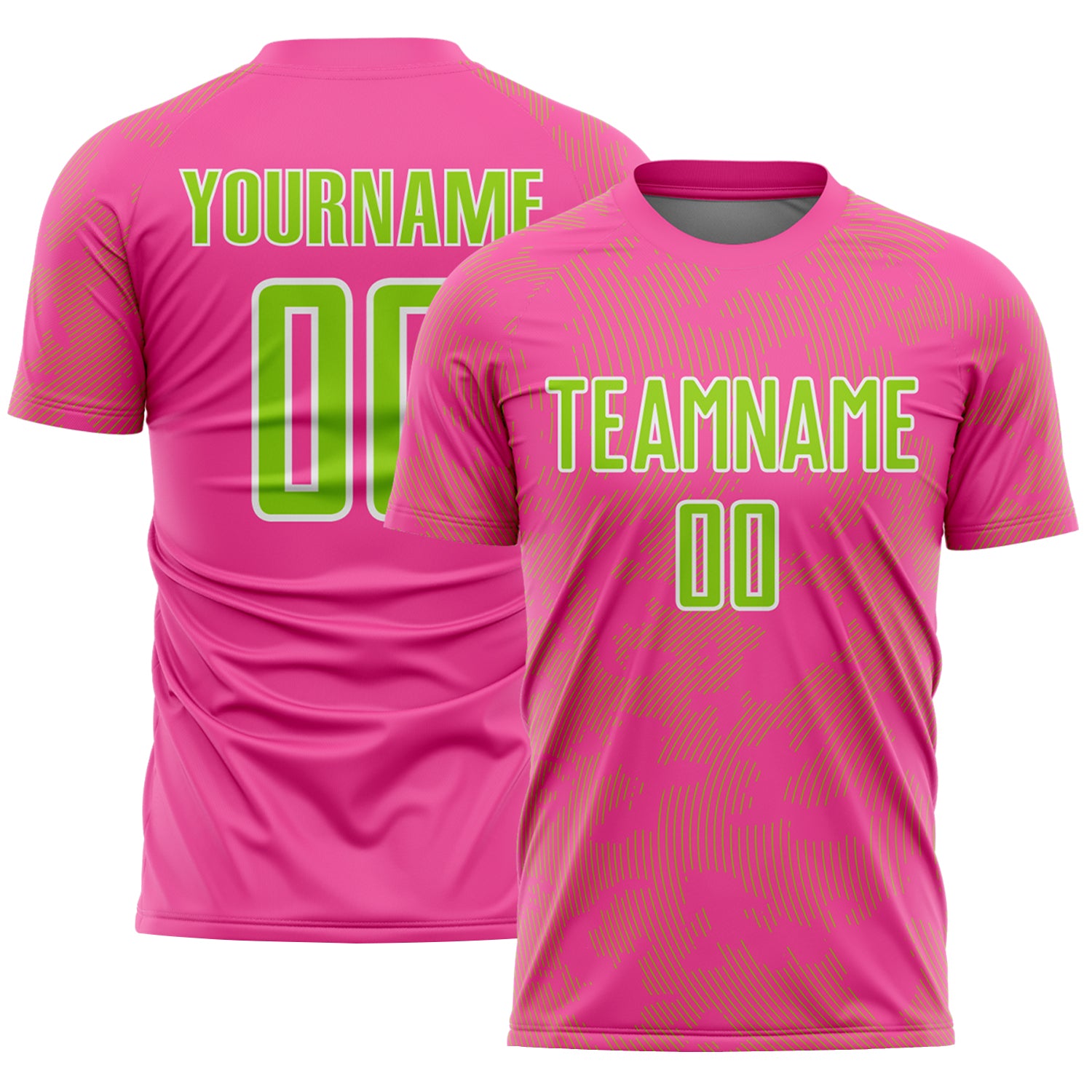 Custom Pink Neon Green-White Curve Lines Sublimation Soccer Uniform Jersey