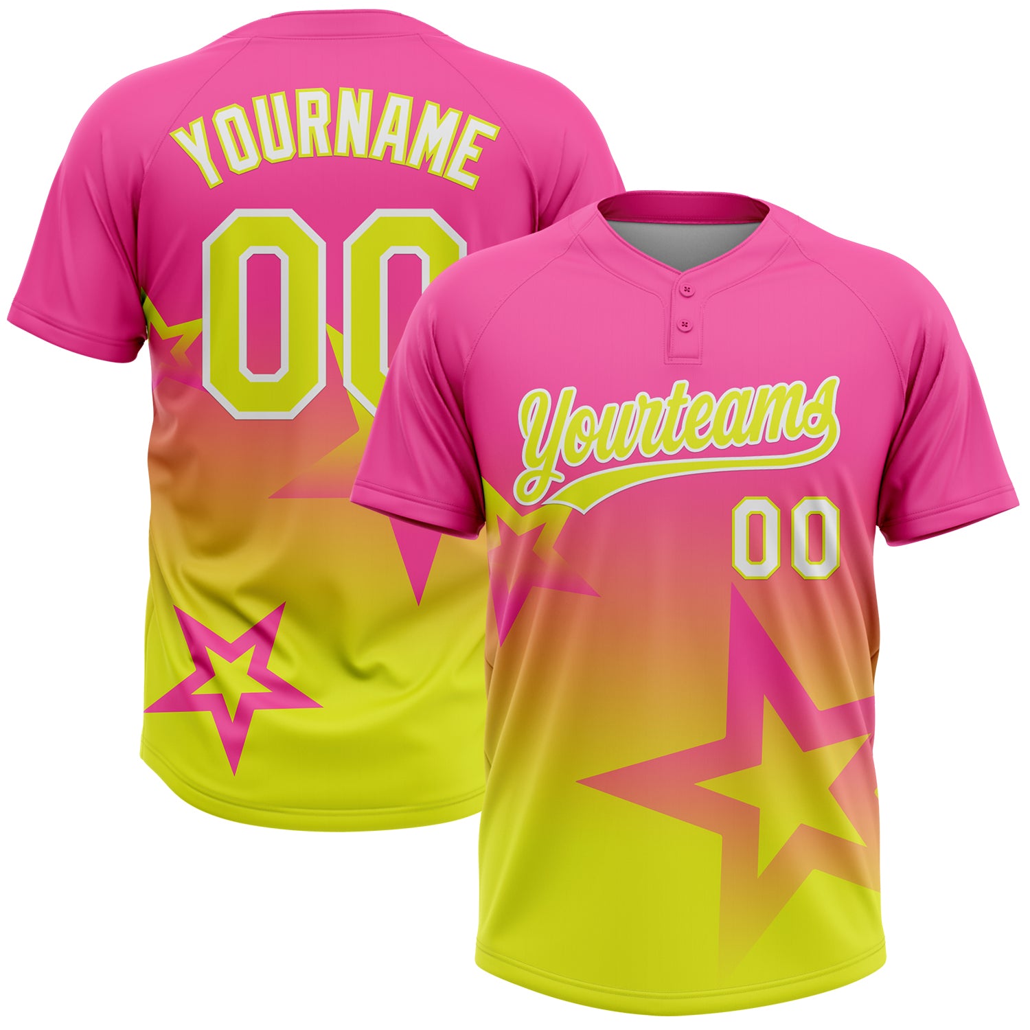 Custom Pink Neon Yellow-White Gradient Style Twinkle Star Two-Button Unisex Softball Jersey
