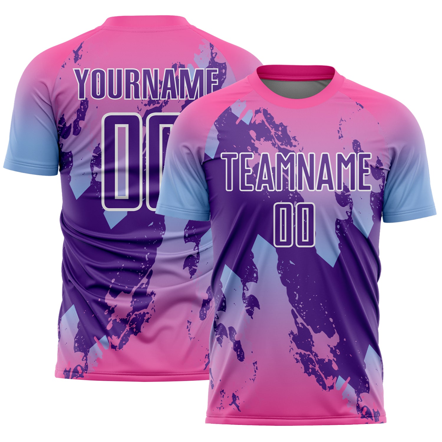 Custom Pink Purple Light Blue-White Gradient Splash Sublimation Soccer Uniform Jersey