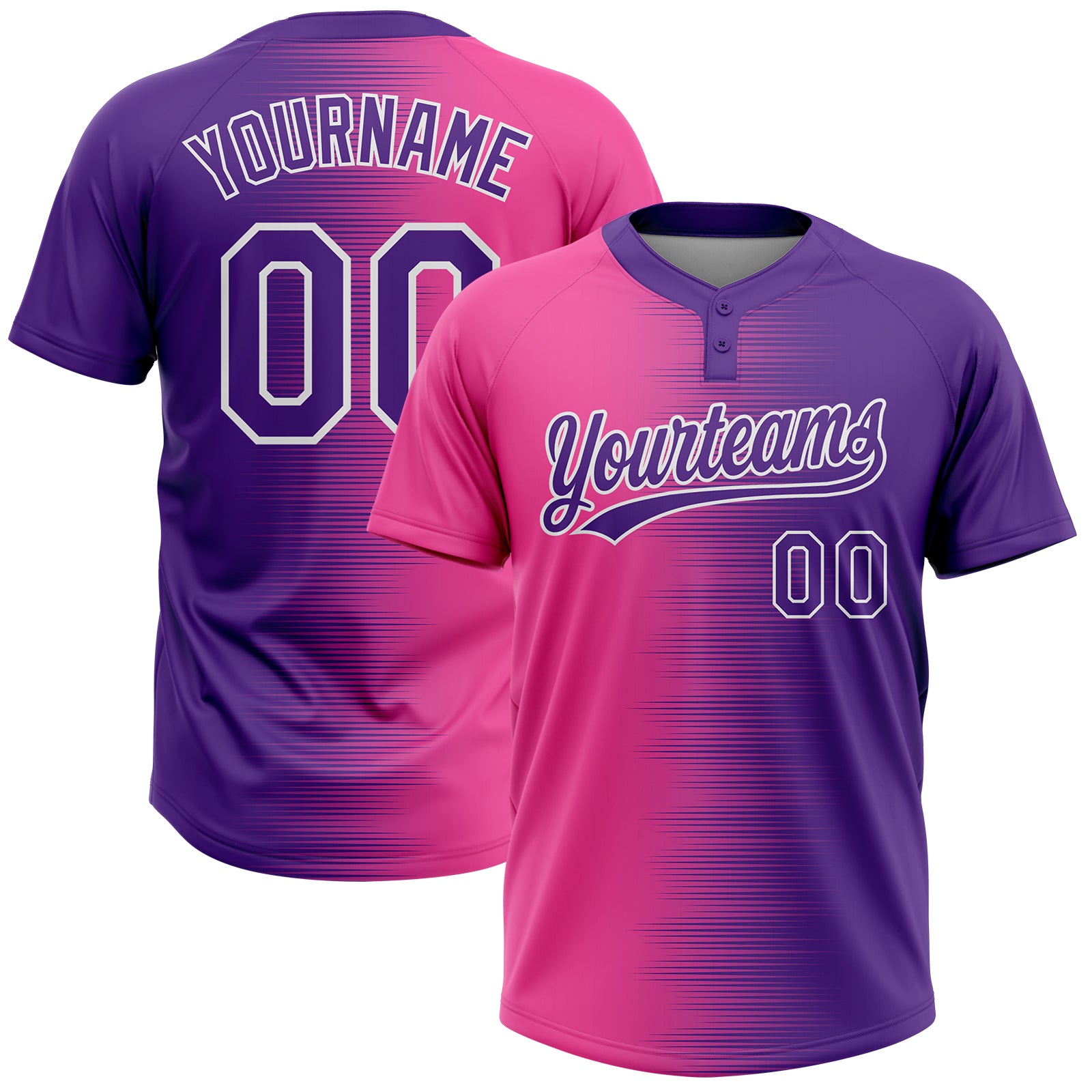 Custom Pink Purple-White Gradient Horizontal Stripe Two-Button Unisex Softball Jersey