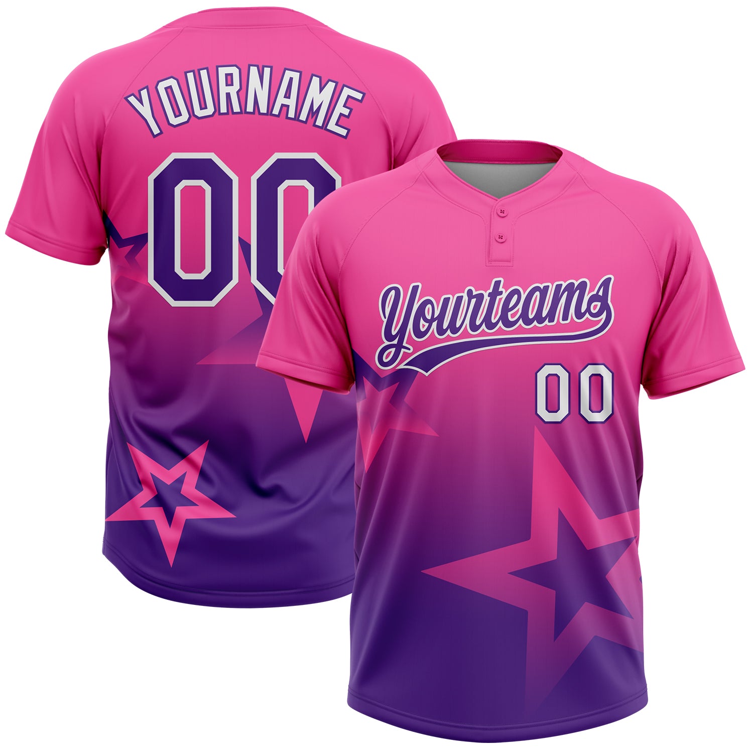 Custom Pink Purple-White Gradient Style Twinkle Star Two-Button Unisex Softball Jersey