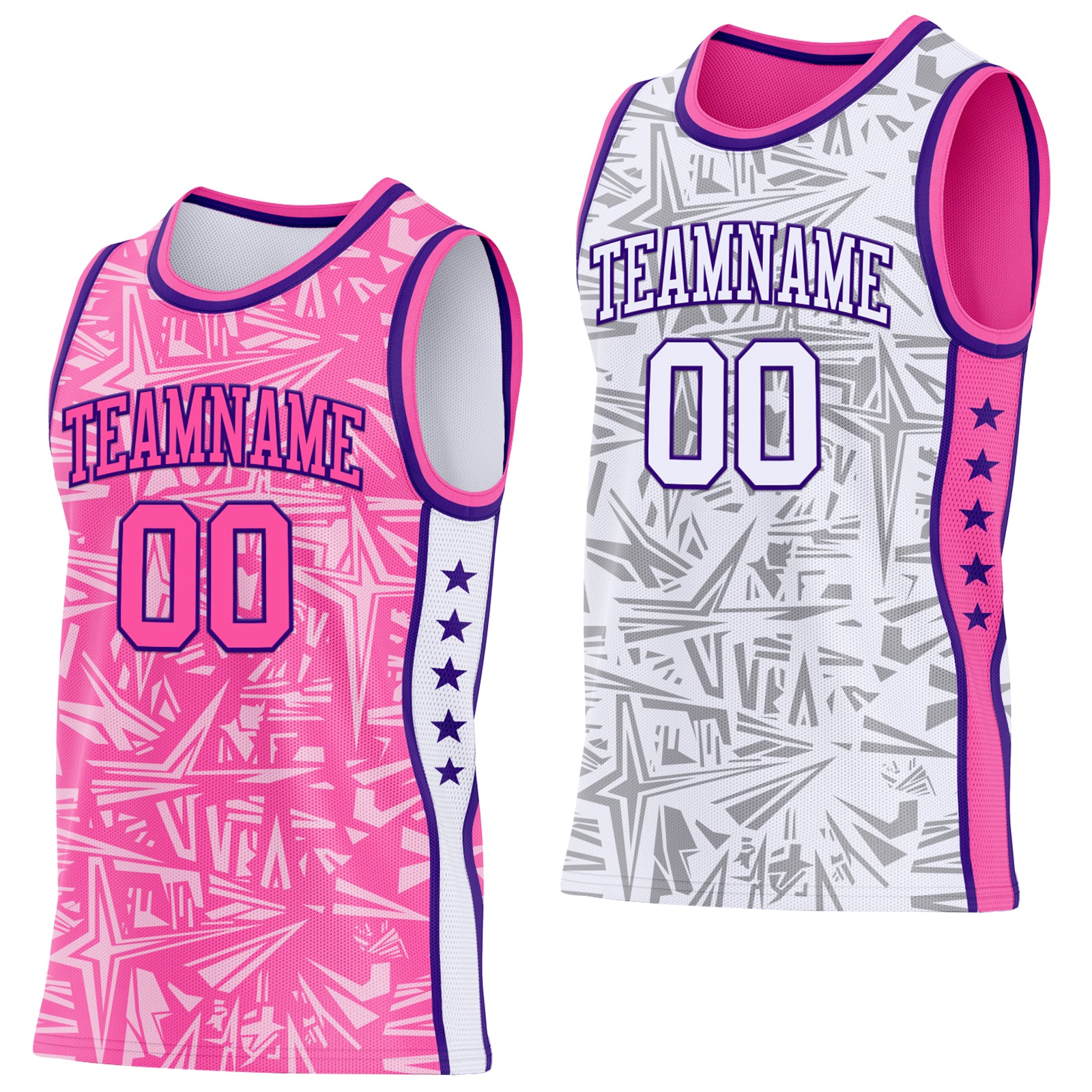 Custom Pink Purple-White Side Panel Stripe Stars Geometric Shatter Starburst Reversible Double Side Sublimation Basketball Set Jersey