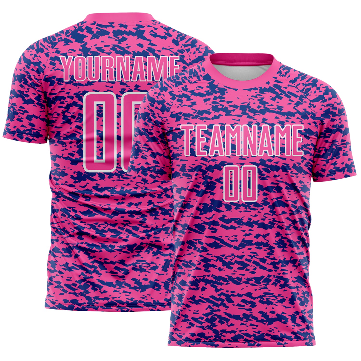 Custom Pink Royal-White Geometric Fragment Splatter Sublimation Soccer Uniform Jersey