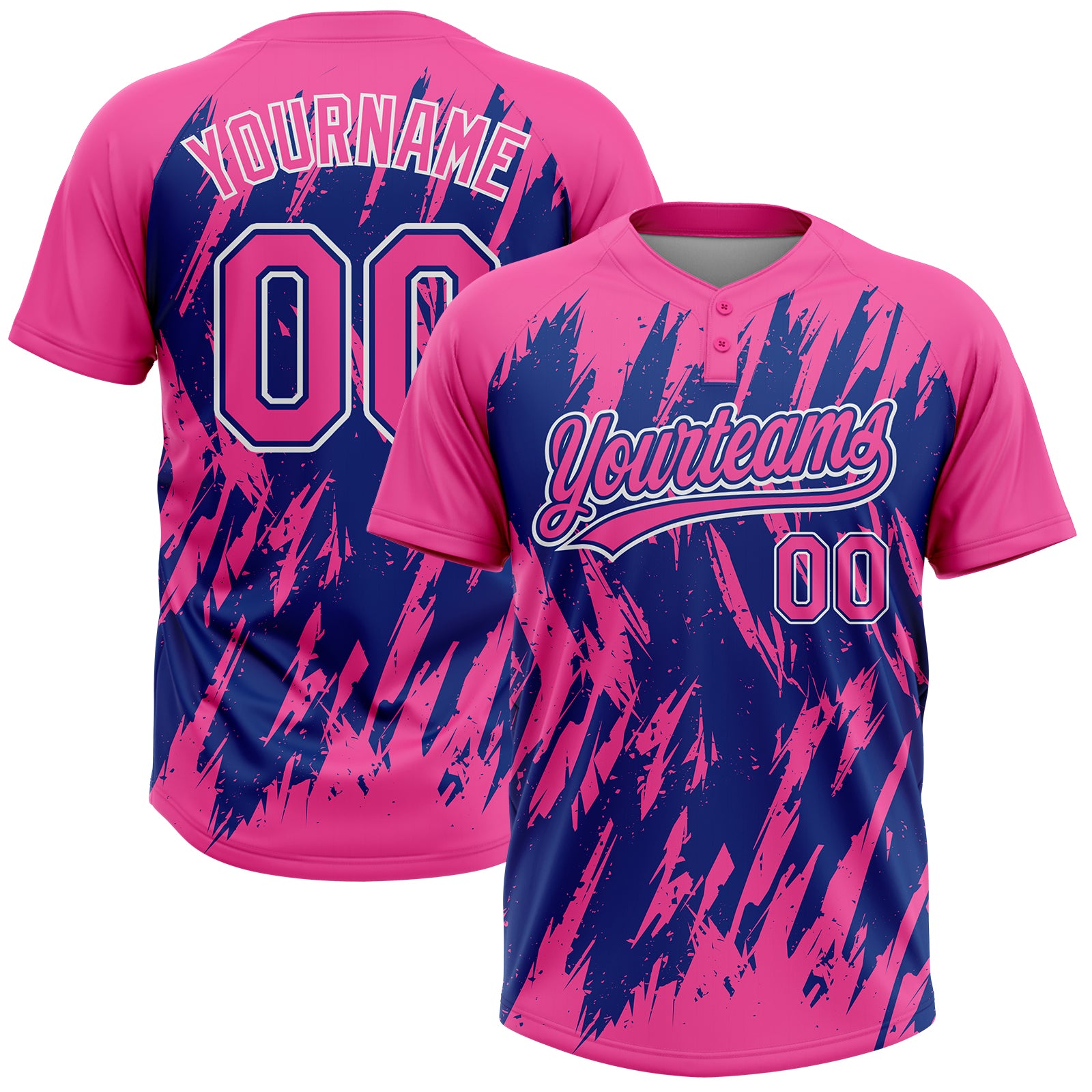 Custom Pink Royal-White Splatter Torn Sharp Brush Stroke Two-Button Unisex Softball Jersey