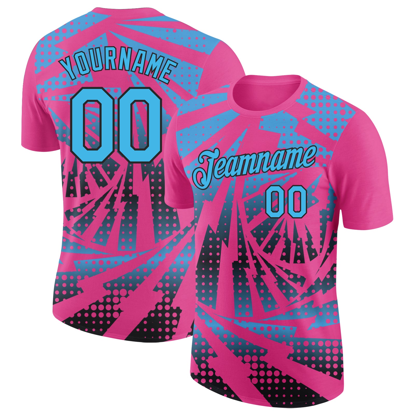 Custom Pink Sky Blue-Black Lightning Gradient Dot Performance T-Shirt