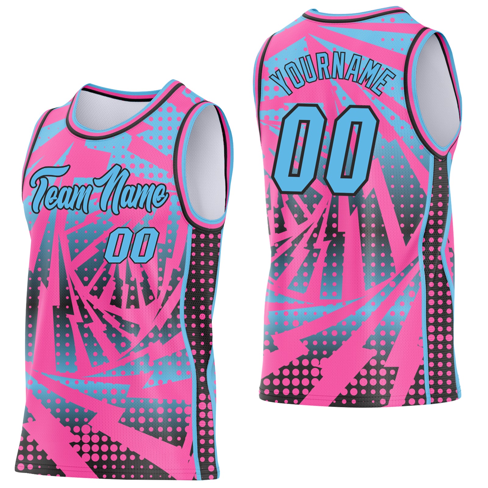 Custom Pink Sky Blue-Black Lightning Gradient Dot Side Panel Stripe Round Neck Sublimation Basketball Set Jersey