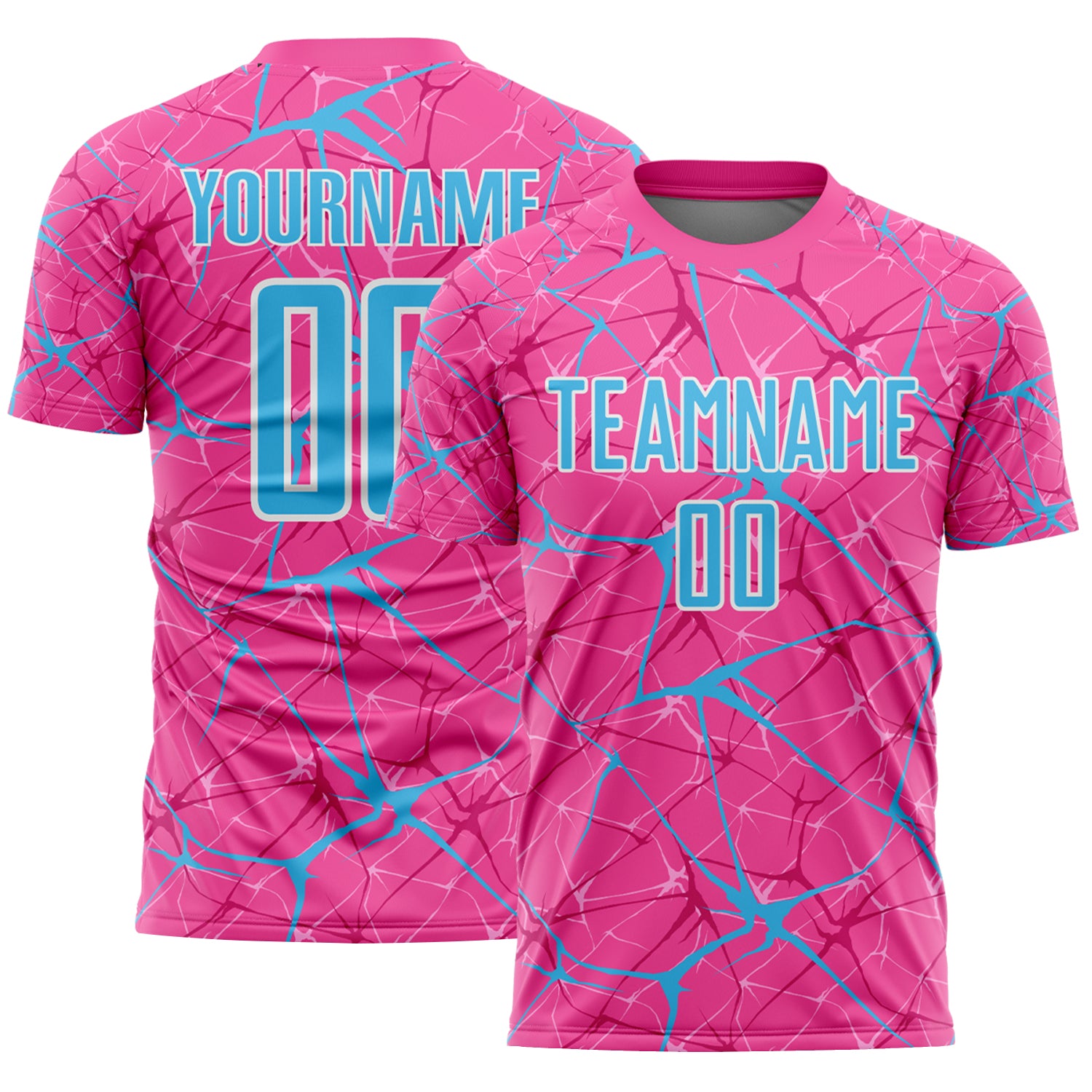 Custom Pink Sky Blue-White Abstract Network Crackle Sublimation Soccer Uniform Jersey
