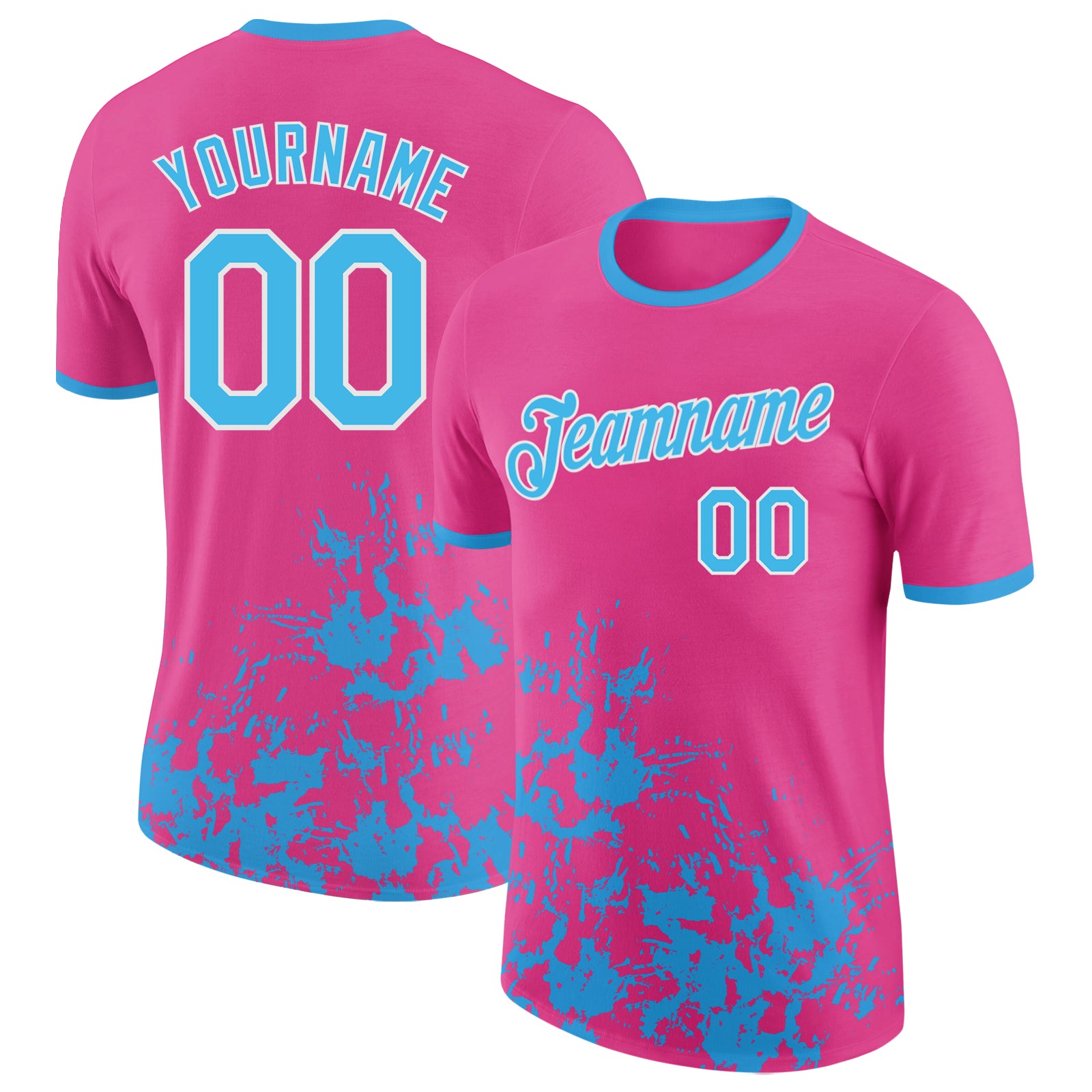 Custom Pink Sky Blue-White Brush Stroke Splatter Performance T-Shirt
