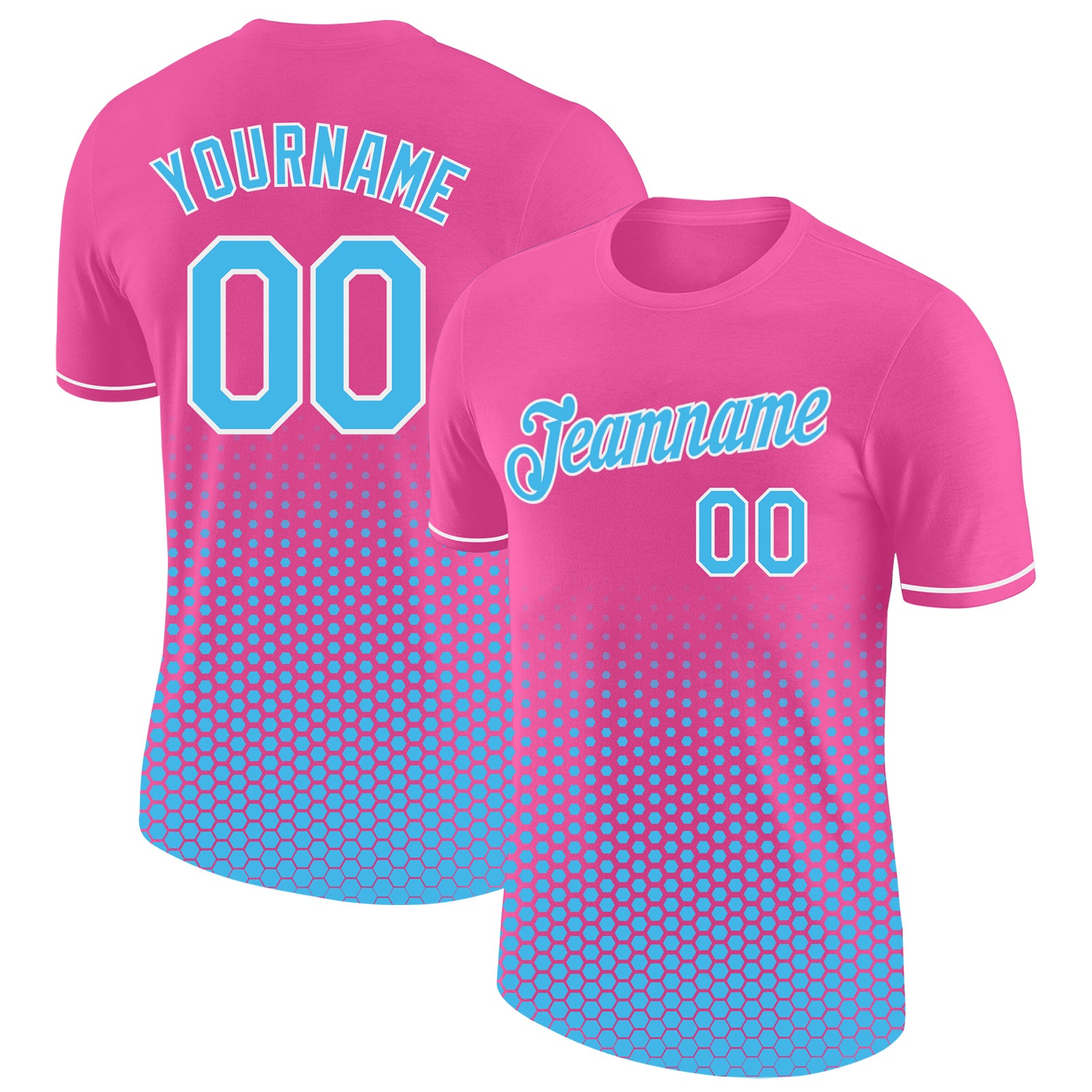 Custom Pink Sky Blue-White Geometric Hexagonal Dot Gradient Performance T-Shirt