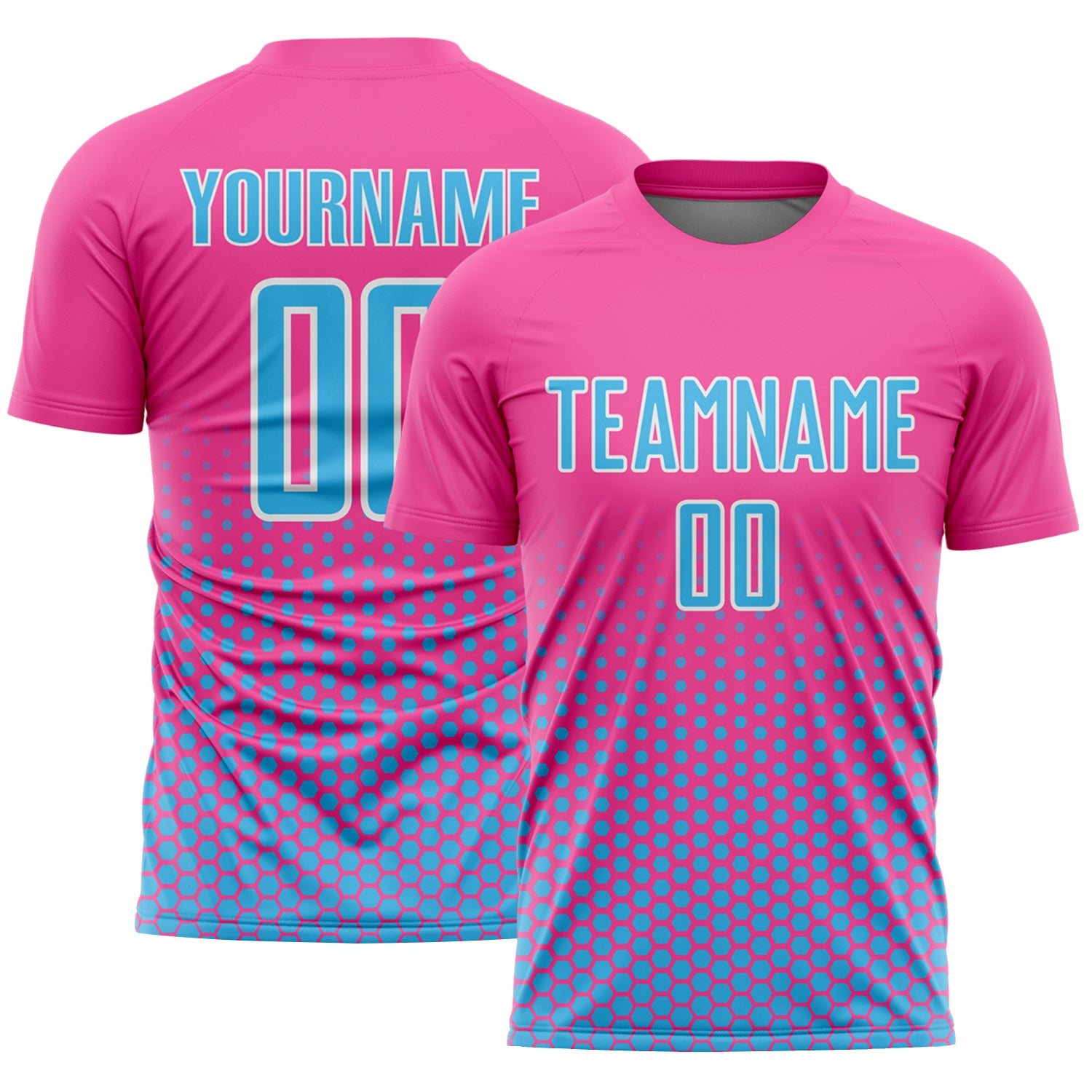 Custom Pink Sky Blue-White Geometric Hexagonal Dot Gradient Sublimation Soccer Uniform Jersey