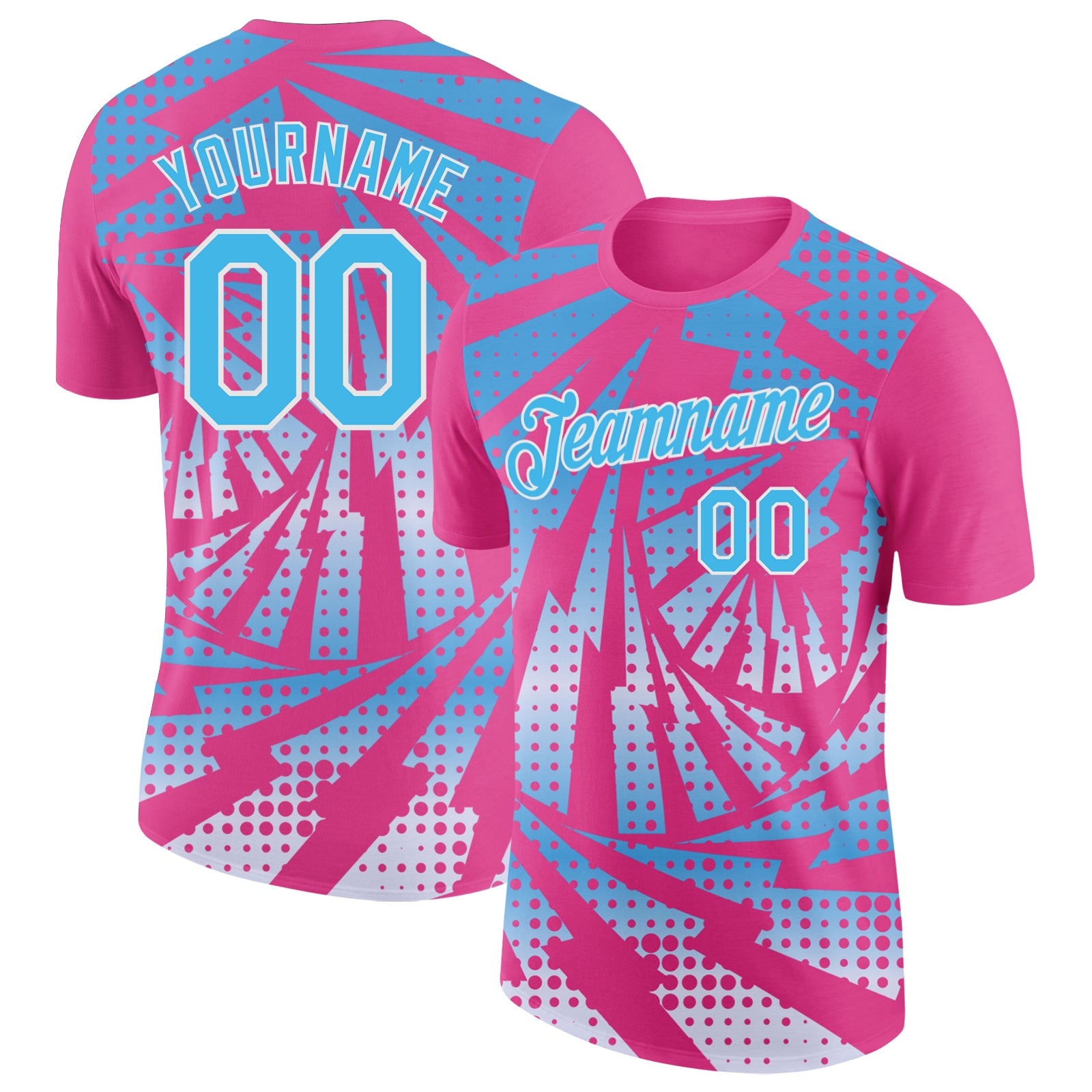 Custom Pink Sky Blue-White Lightning Gradient Dot Performance T-Shirt