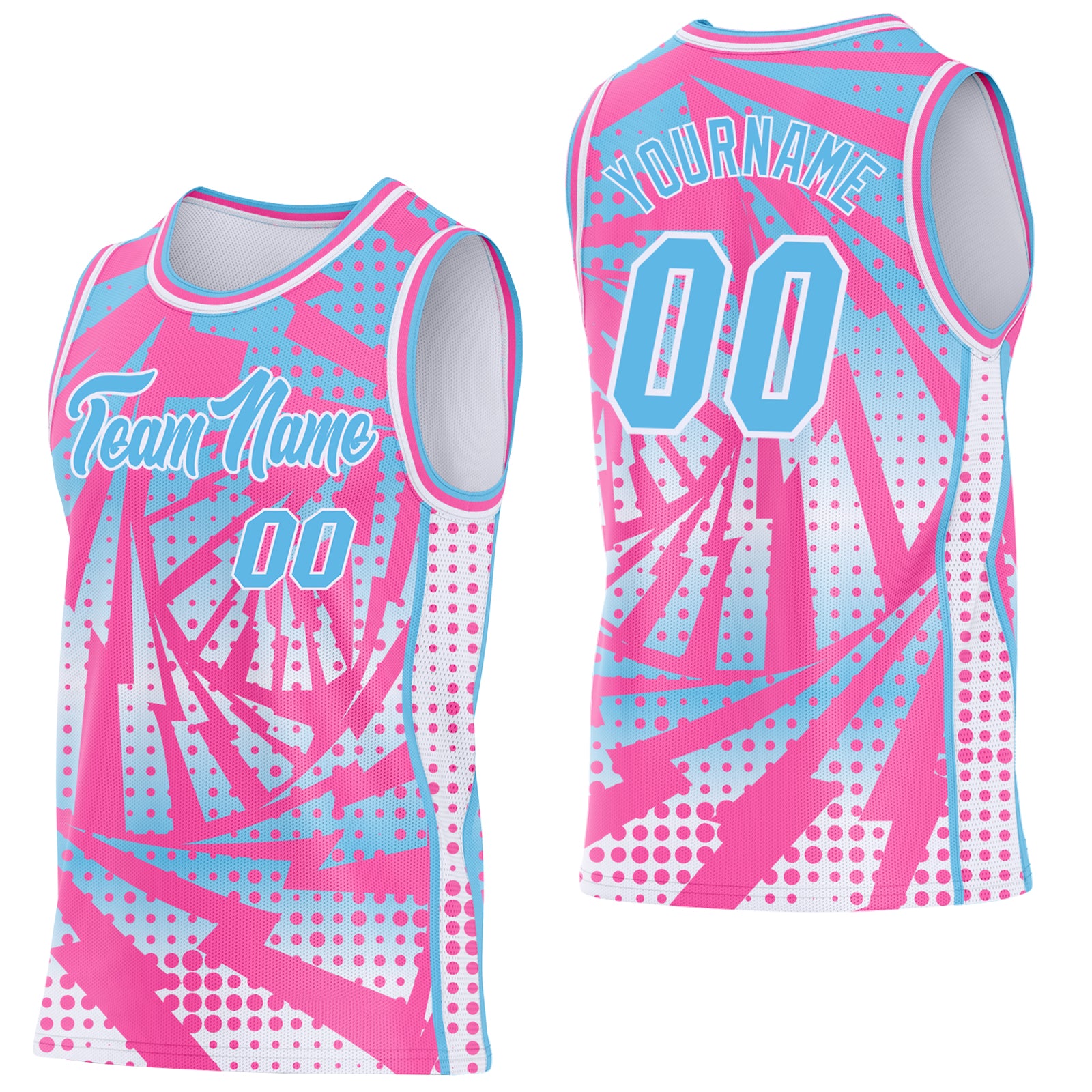 Custom Pink Sky Blue-White Lightning Gradient Dot Side Panel Stripe Round Neck Sublimation Basketball Set Jersey
