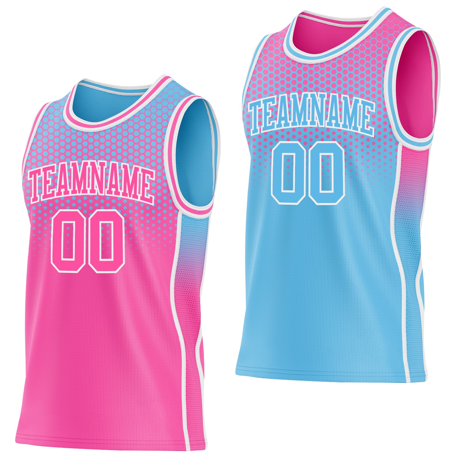 Custom Pink Sky Blue-White Side Panel Stripe Gradient Geometric Honeycomb Reversible Double Side Sublimation Basketball Set Jersey