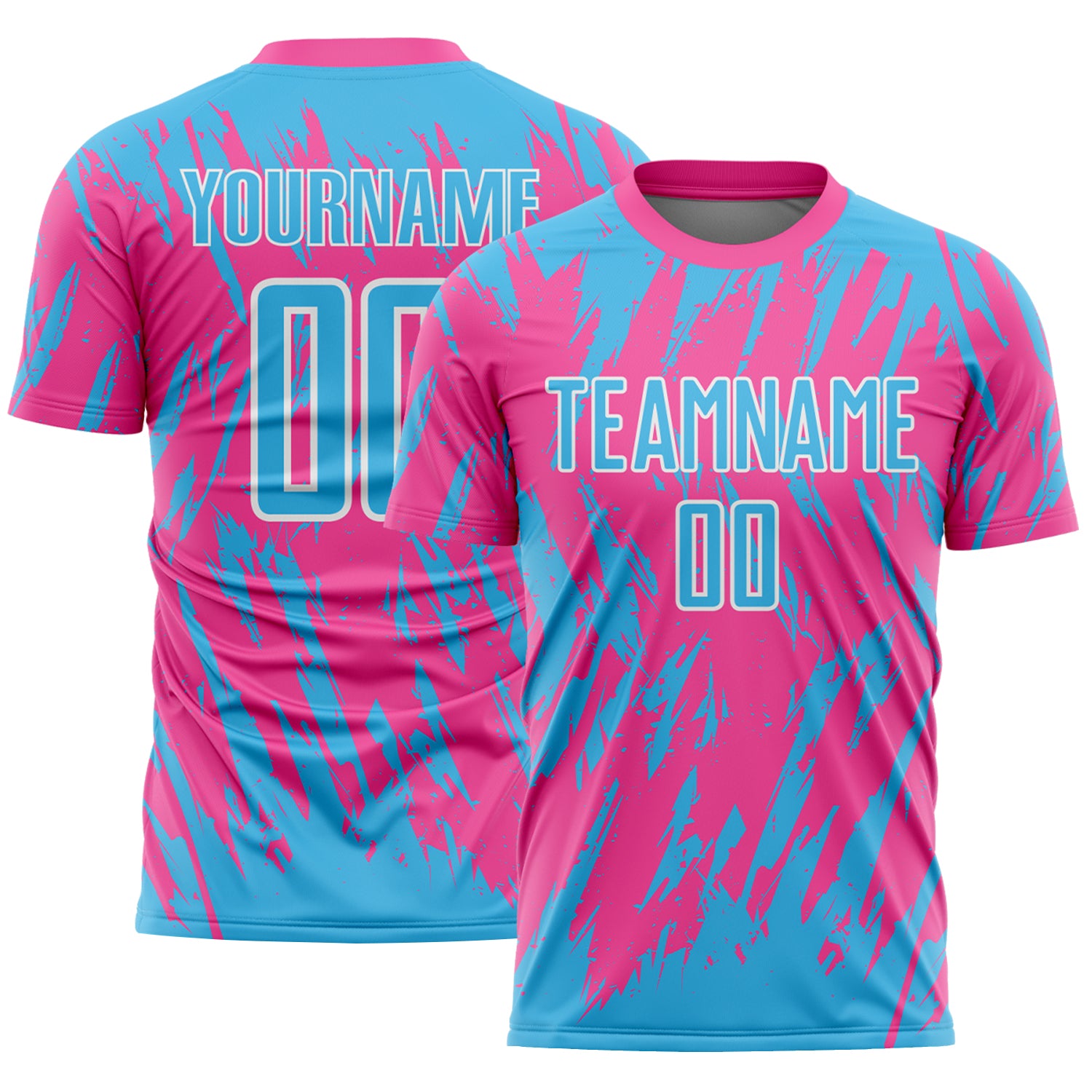 Custom Pink Sky Blue-White Splatter Torn Sharp Brush Stroke Sublimation Soccer Uniform Jersey