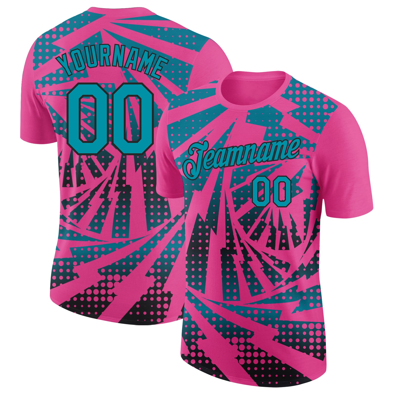 Custom Pink Teal-Black Lightning Gradient Dot Performance T-Shirt