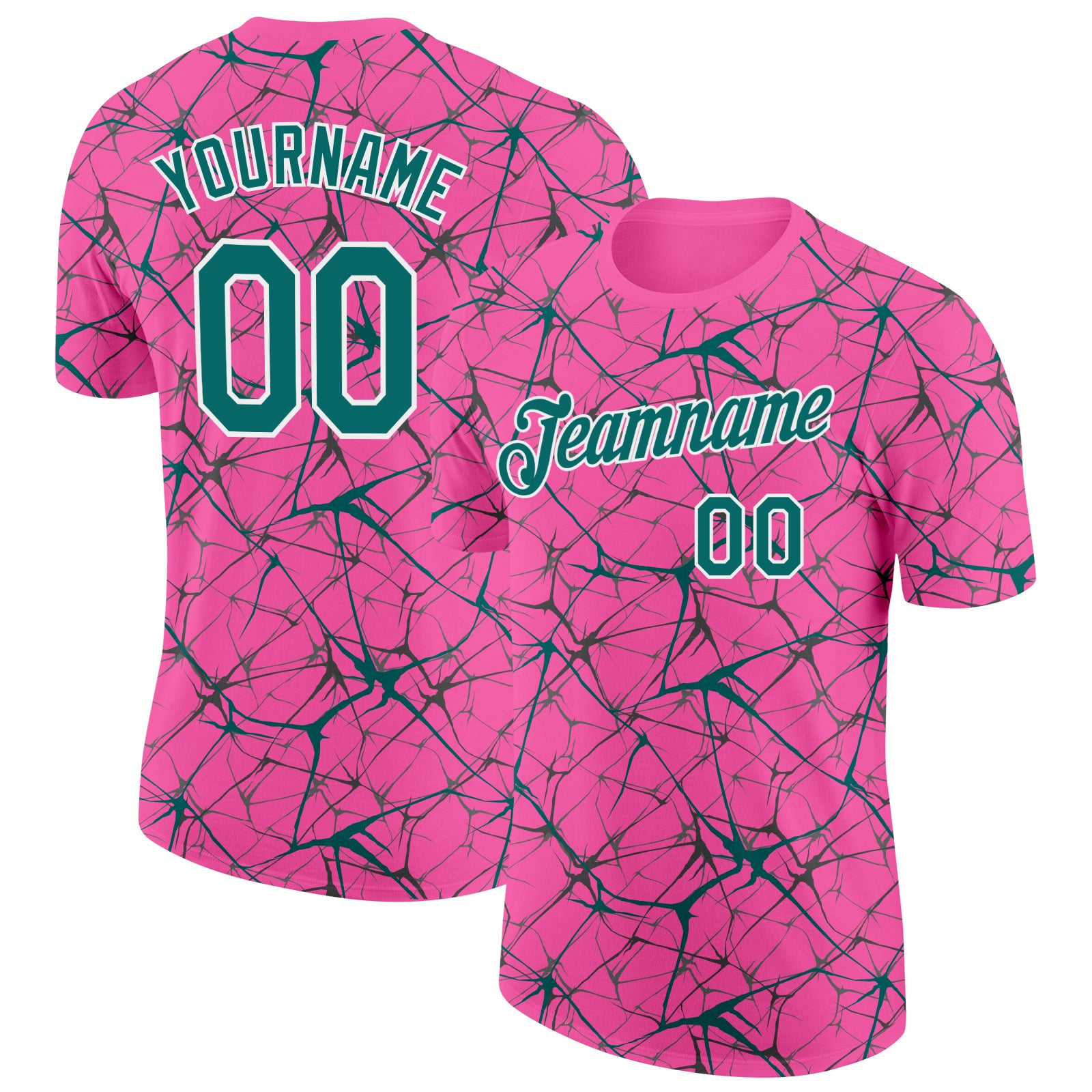 Custom Pink Teal Gray-White Abstract Network Crackle Performance T-Shirt