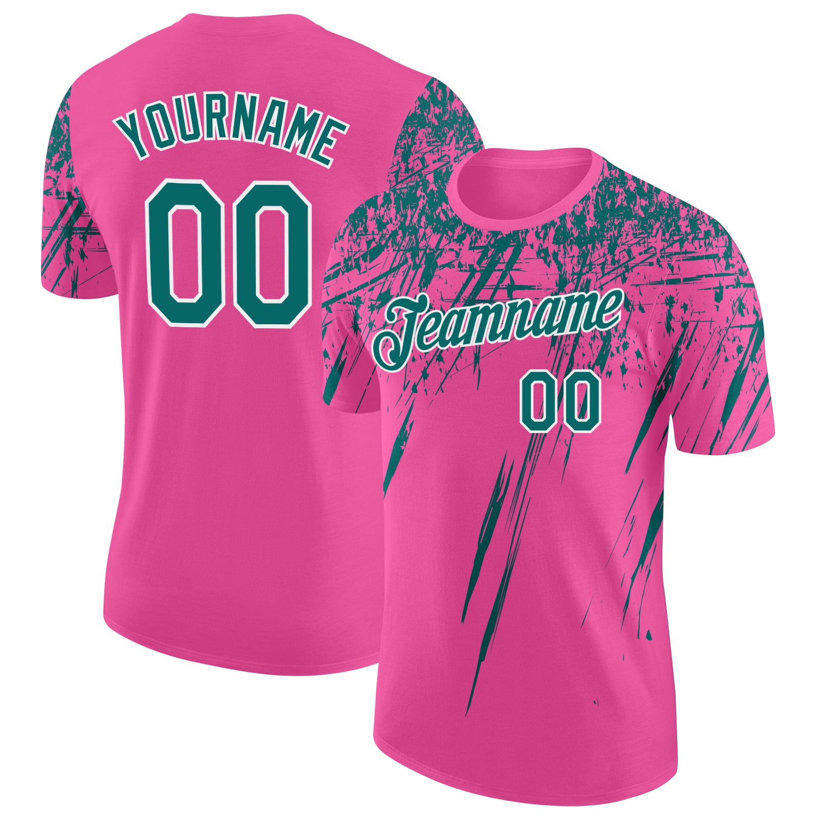 Custom Pink Teal-White Distressed Scratch Brush Stroke Performance T-Shirt