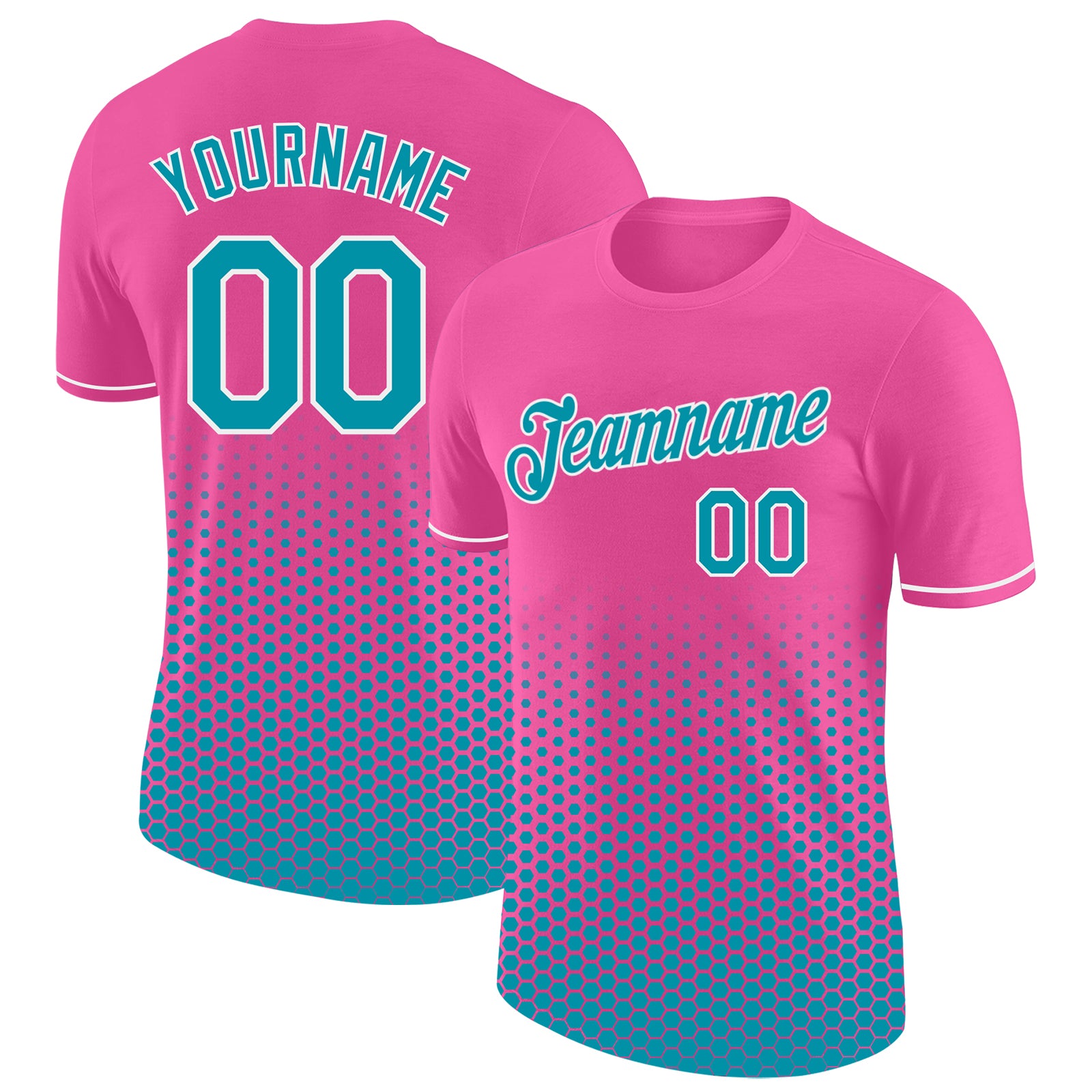 Custom Pink Teal-White Geometric Hexagonal Dot Gradient Performance T-Shirt