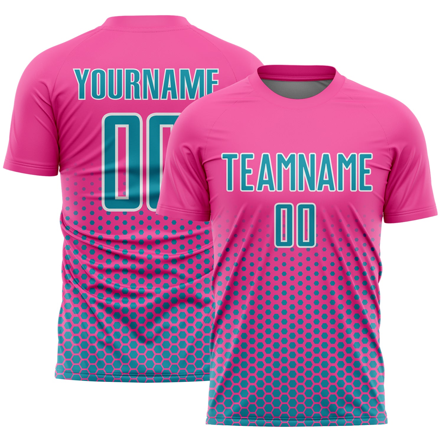 Custom Pink Teal-White Geometric Hexagonal Dot Gradient Sublimation Soccer Uniform Jersey
