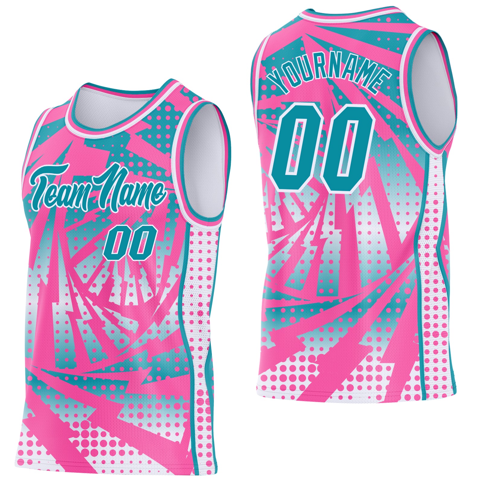 Custom Pink Teal-White Lightning Gradient Dot Side Panel Stripe Round Neck Sublimation Basketball Set Jersey
