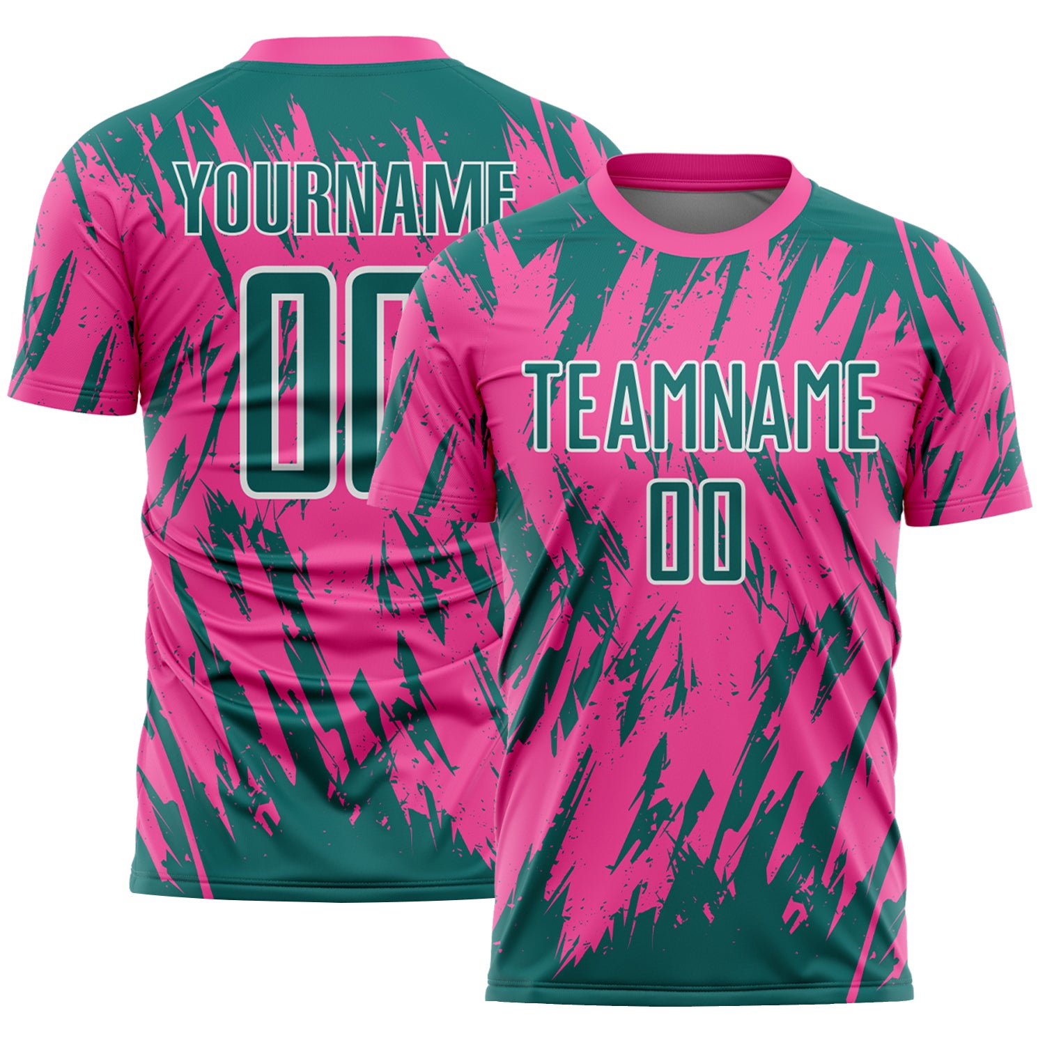 Custom Pink Teal-White Splatter Torn Sharp Brush Stroke Sublimation Soccer Uniform Jersey