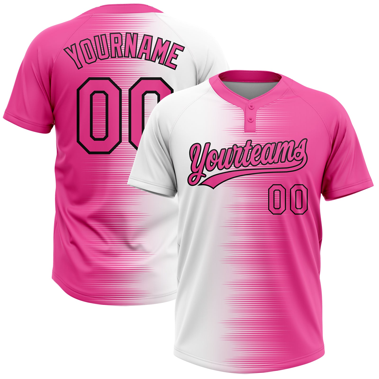 Custom Pink White-Black Gradient Horizontal Stripe Two-Button Unisex Softball Jersey