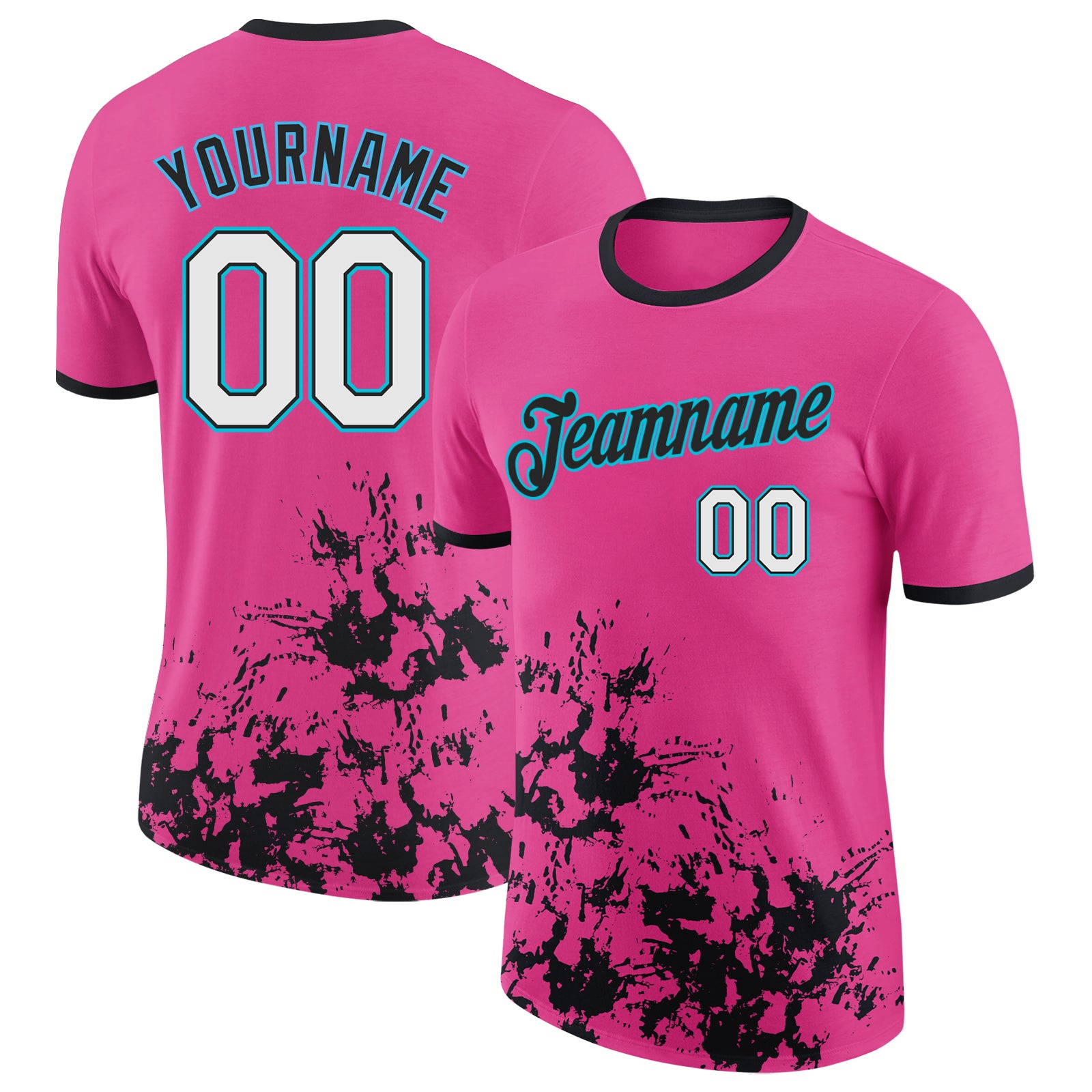 Custom Pink White Black-Lakes Blue Brush Stroke Splatter Performance T-Shirt