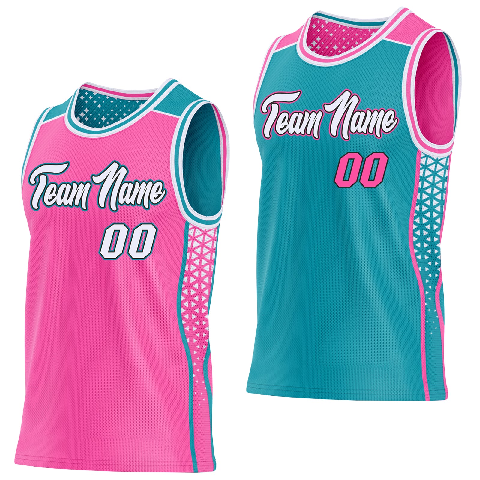 Custom Pink White Black-Teal Side Panel Stripe Geometric Triangle Gradient Dot Reversible Double Side Sublimation Basketball Set Jersey