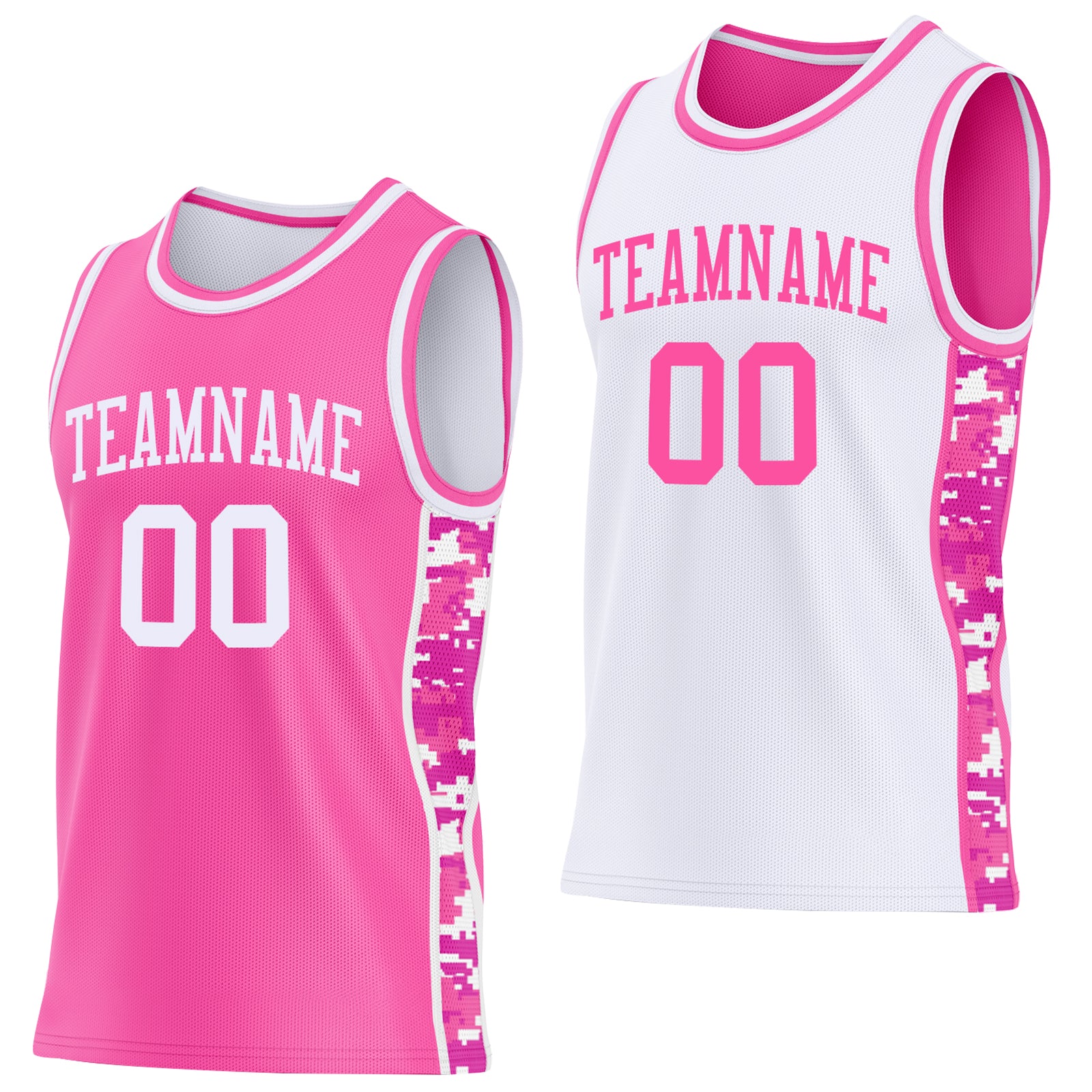 Custom Pink-White Camo Side Panel Stripe Reversible Double Side Sublimation Basketball Set Jersey