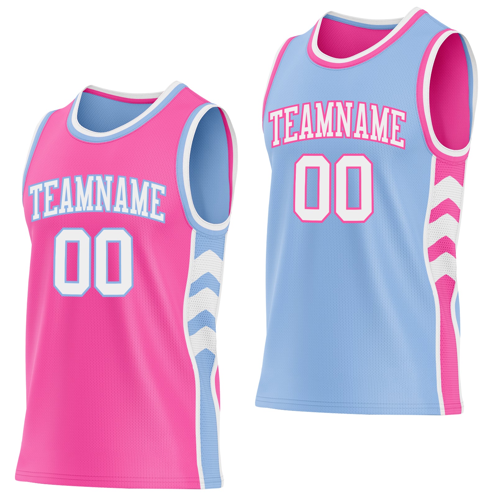 Custom Pink White-Light Blue Side Panel Geometric Chevron Reversible Double Side Sublimation Basketball Set Jersey