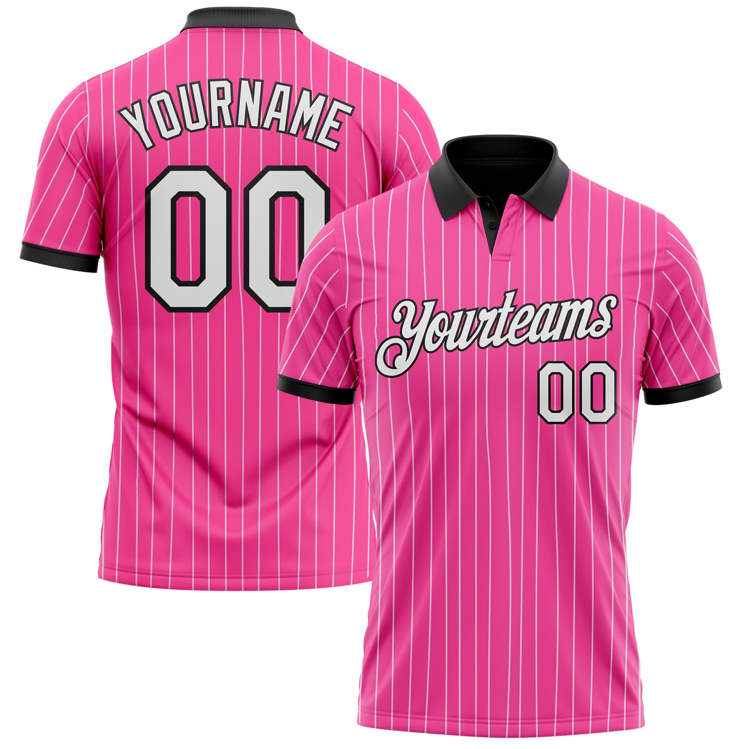 Custom Pink White Pinstripe-Black Performance Polo Shirt