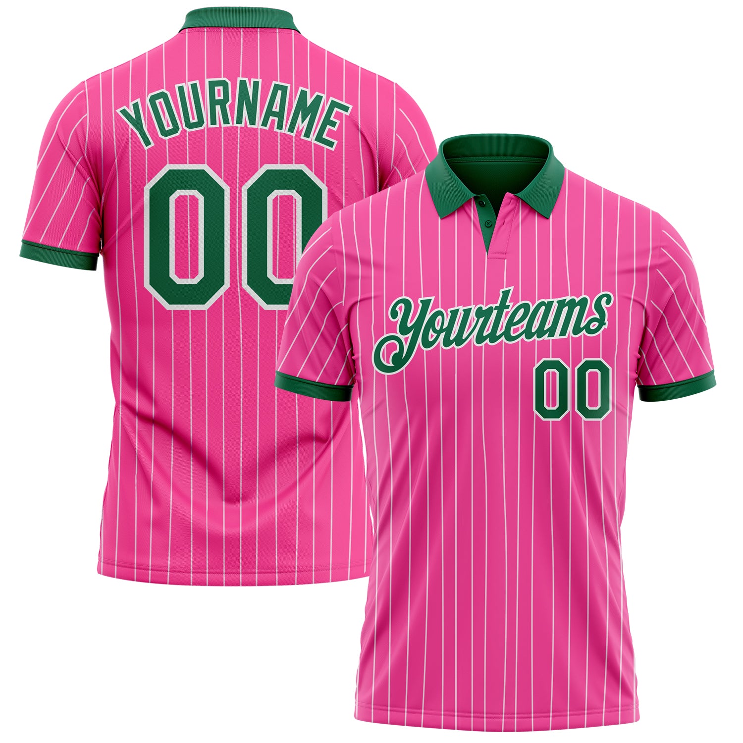 Custom Pink White Pinstripe-Kelly Green Performance Polo Shirt