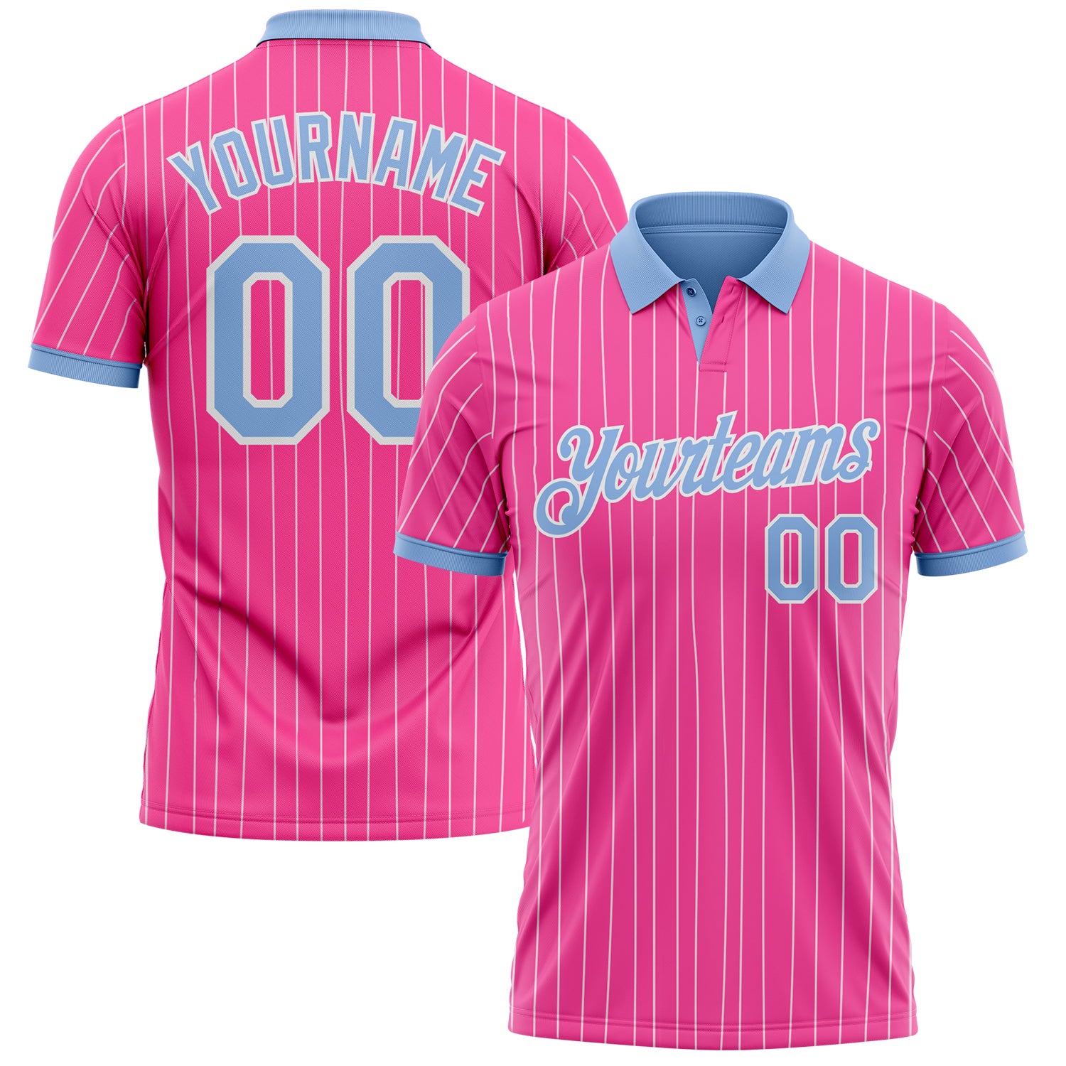 Custom Pink White Pinstripe-Light Blue Performance Polo Shirt