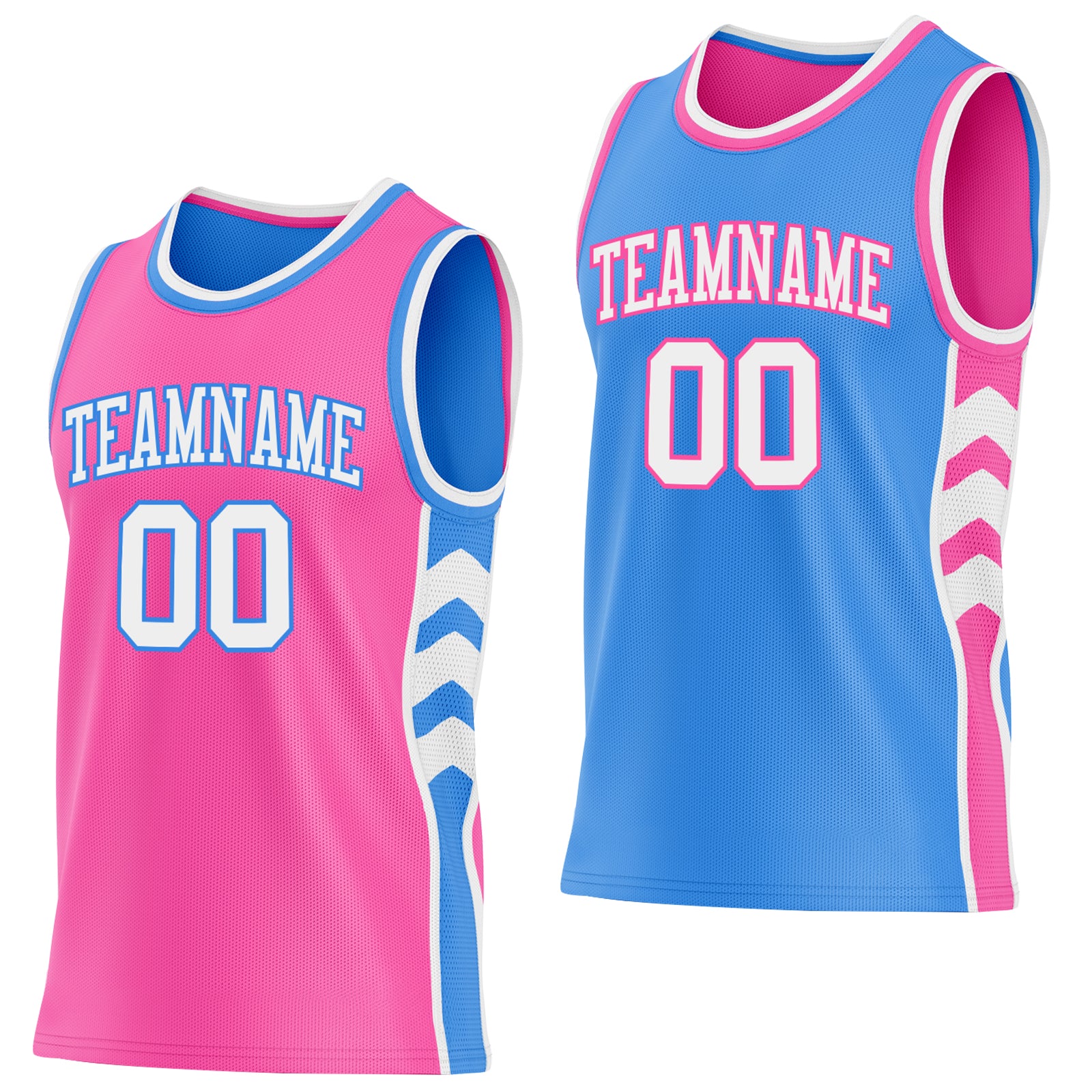 Custom Pink White-Powder Blue Side Panel Geometric Chevron Reversible Double Side Sublimation Basketball Set Jersey