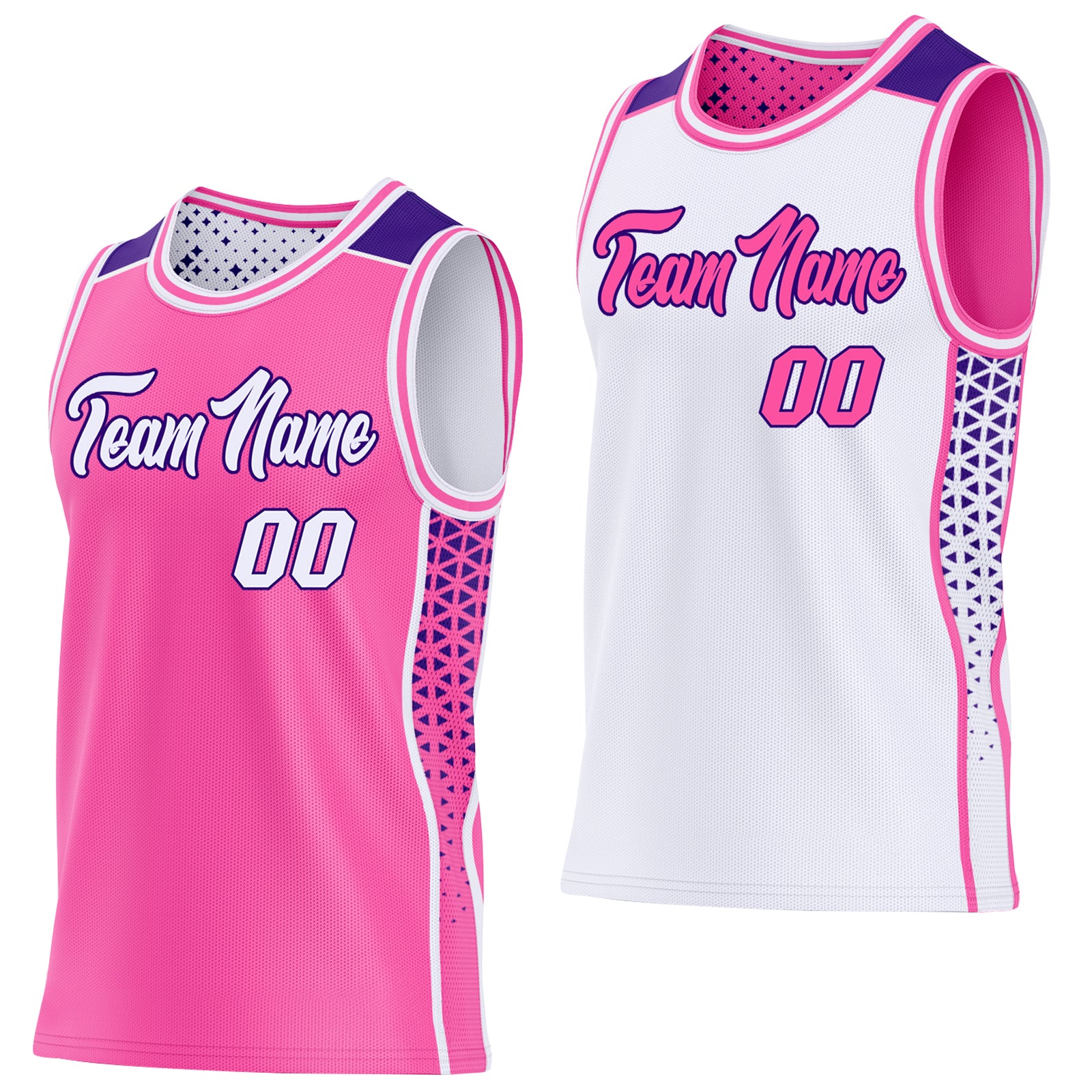Custom Pink White-Purple Side Panel Stripe Geometric Triangle Gradient Dot Reversible Double Side Sublimation Basketball Set Jersey
