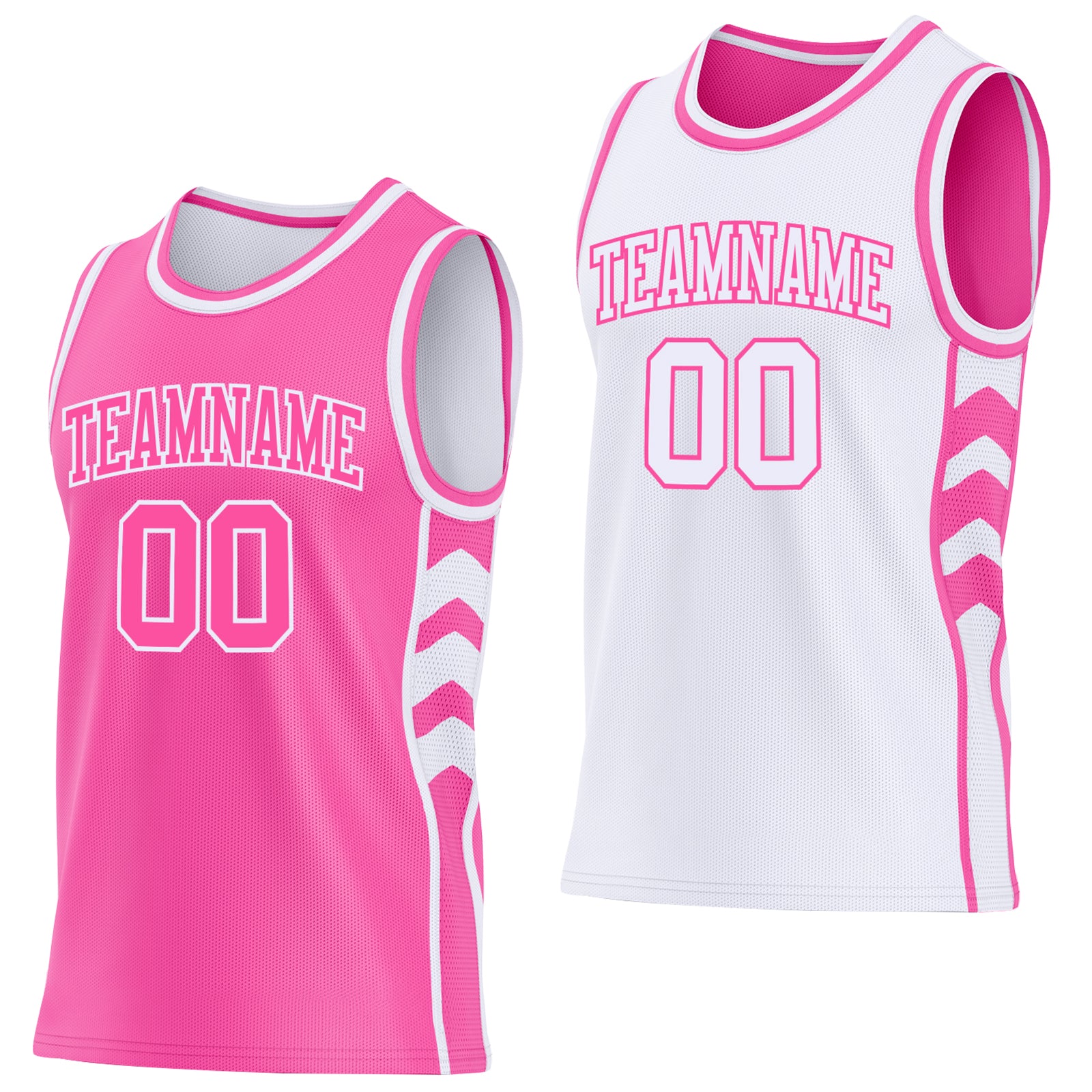 Custom Pink-White Side Panel Geometric Chevron Reversible Double Side Sublimation Basketball Set Jersey