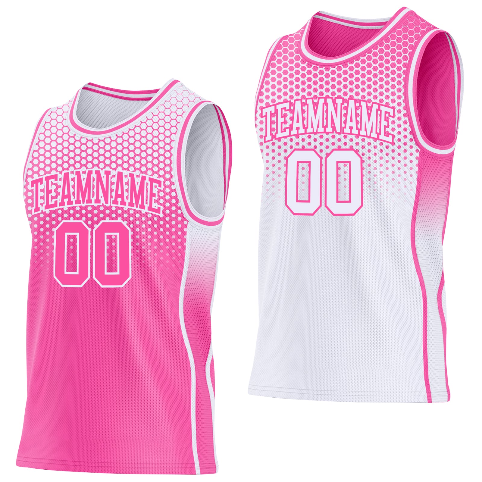 Custom Pink-White Side Panel Stripe Gradient Geometric Honeycomb Reversible Double Side Sublimation Basketball Set Jersey