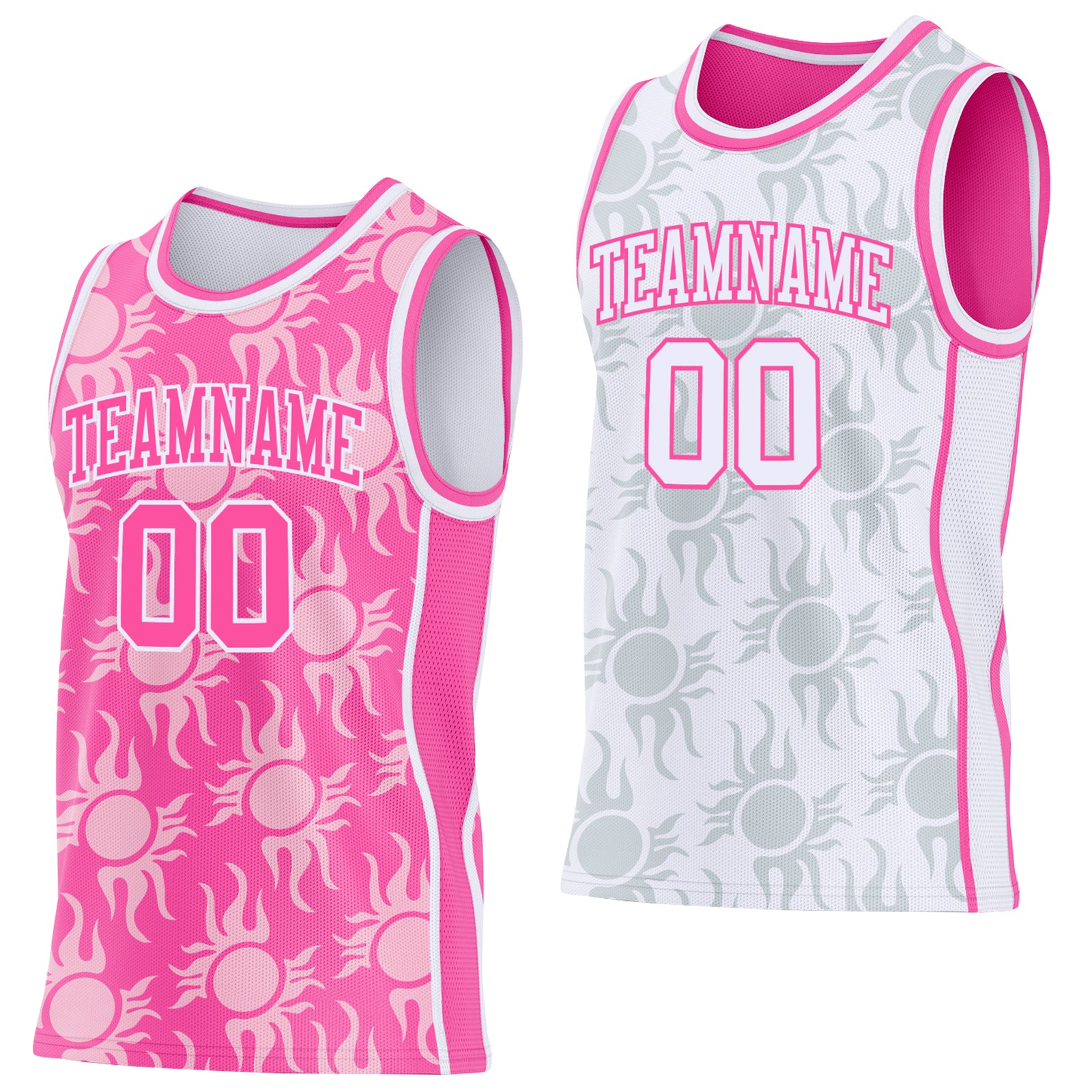 Custom Pink-White Side Panel Stripe Sun Flame Reversible Double Side Sublimation Basketball Set Jersey