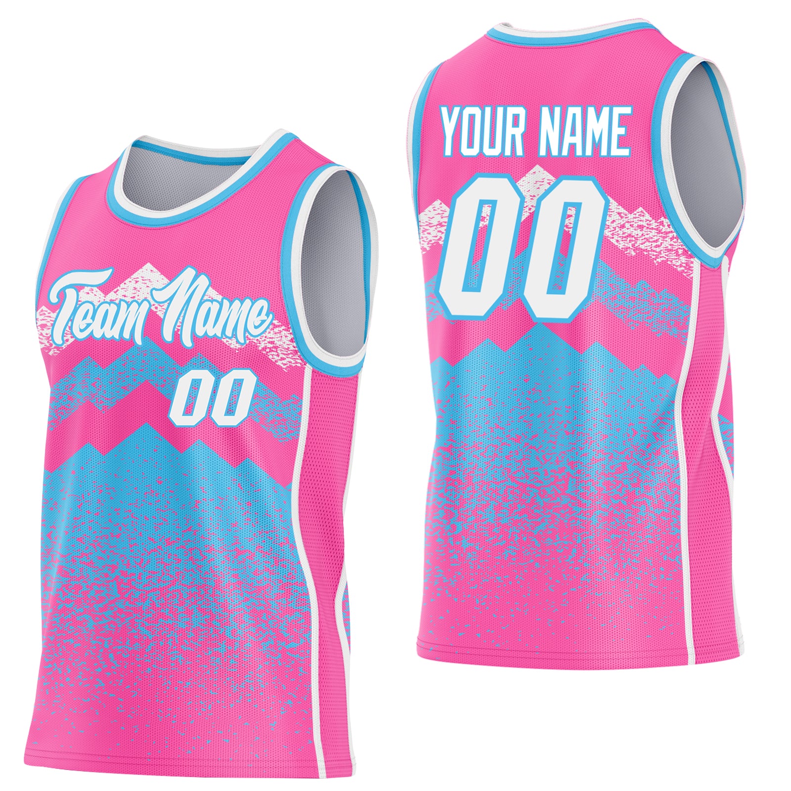 Custom Pink White-Sky Blue Mountain Peak Shards Side Panel Stripe Round Neck Sublimation Basketball Set Jersey
