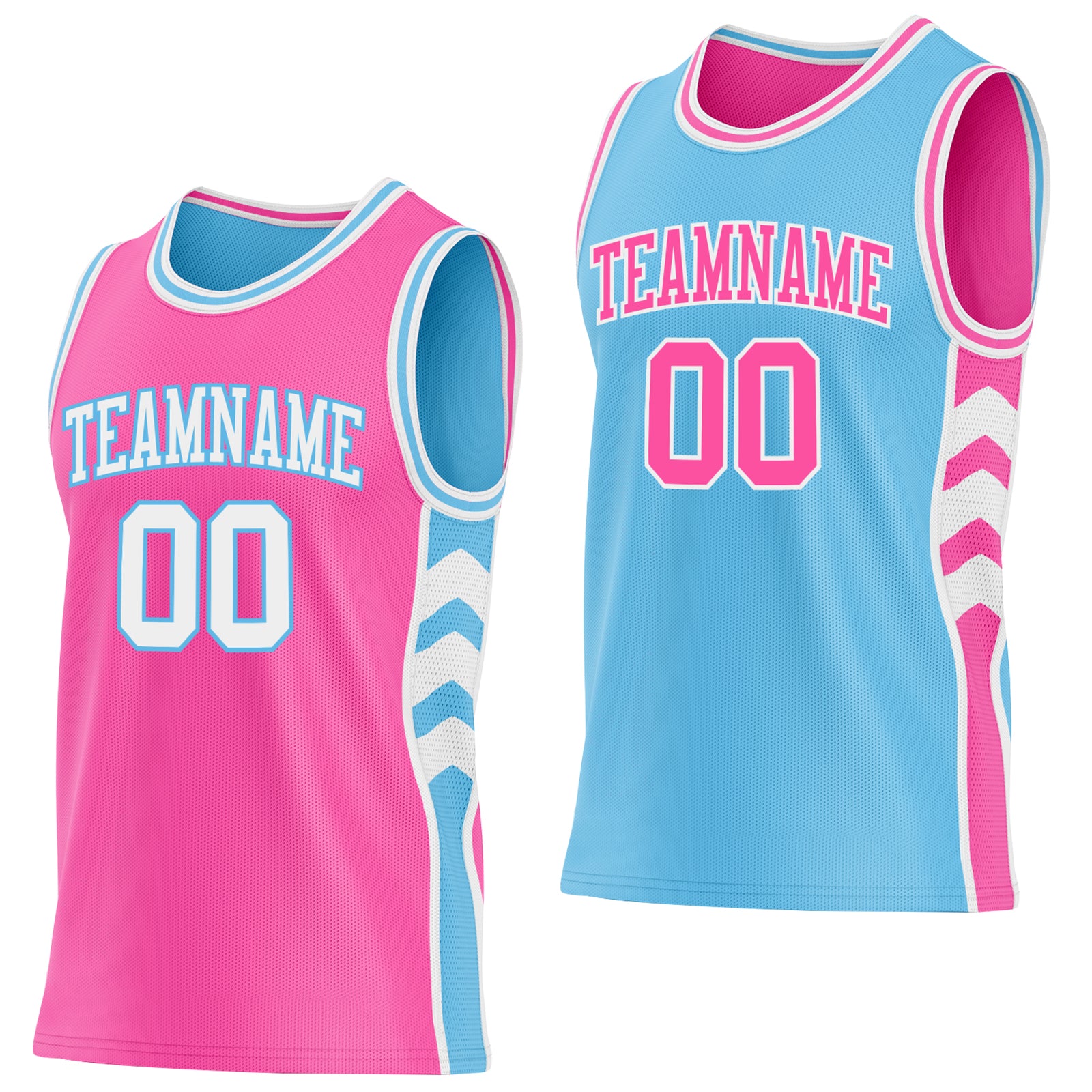 Custom Pink White-Sky Blue Side Panel Geometric Chevron Reversible Double Side Sublimation Basketball Set Jersey